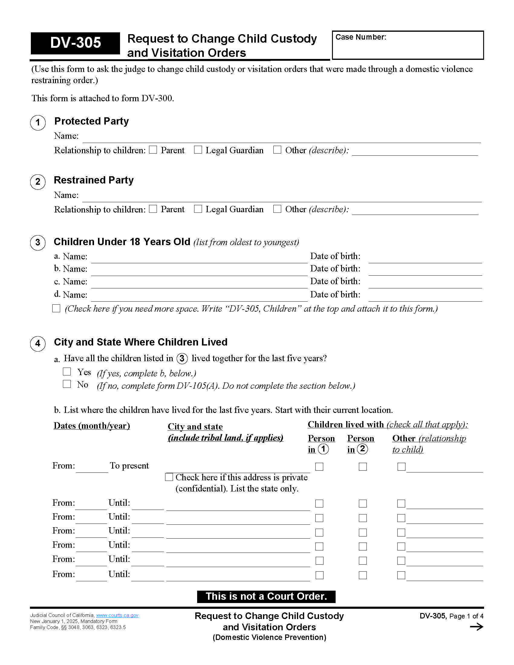 Request To Change Child Custody And Visitation Orders {DV-305} | Pdf Fpdf Docx | California