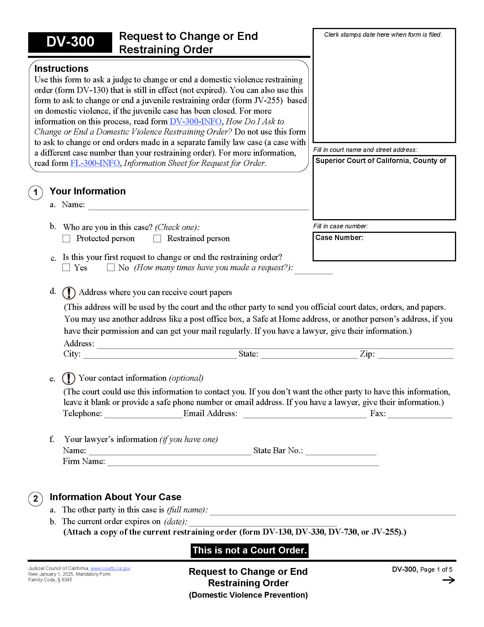 Request To Change Or End Restraining Order {DV-300} | Pdf Fpdf Docx | California