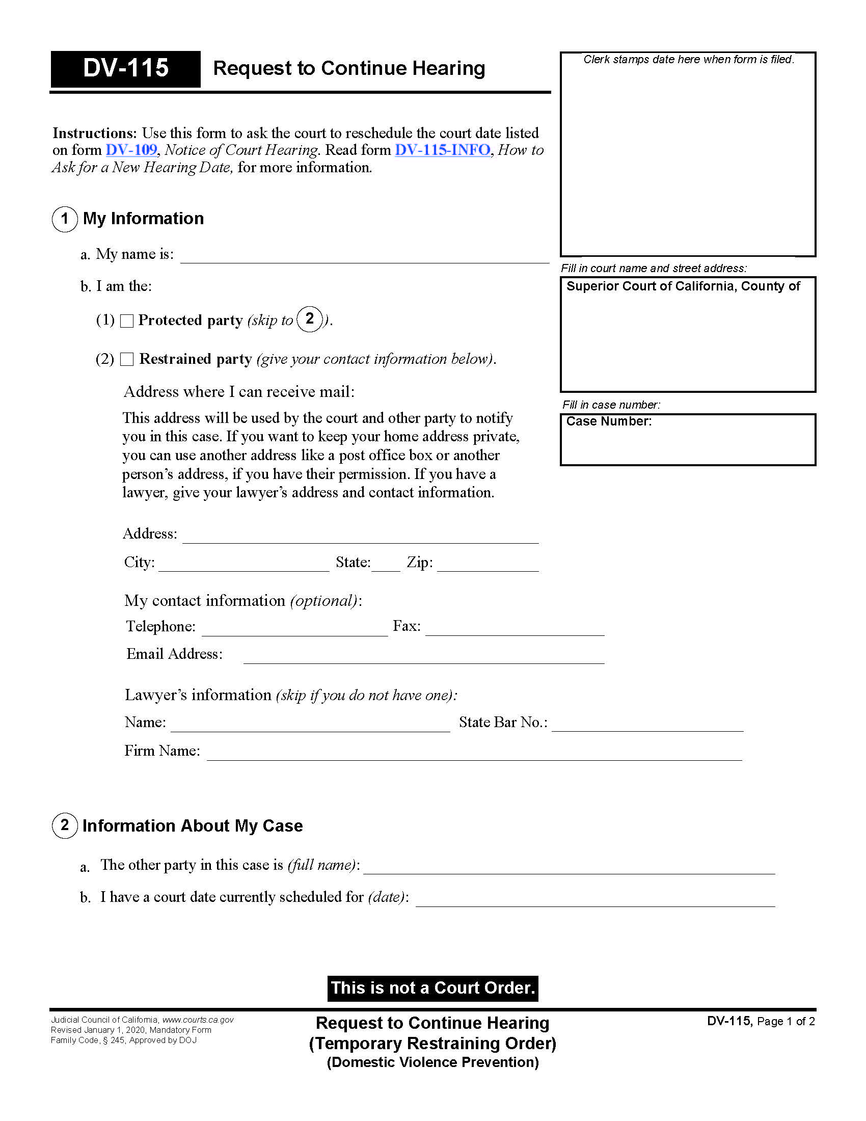 Request To Continue Hearing {DV-115} | Pdf Fpdf Doc Docx | California