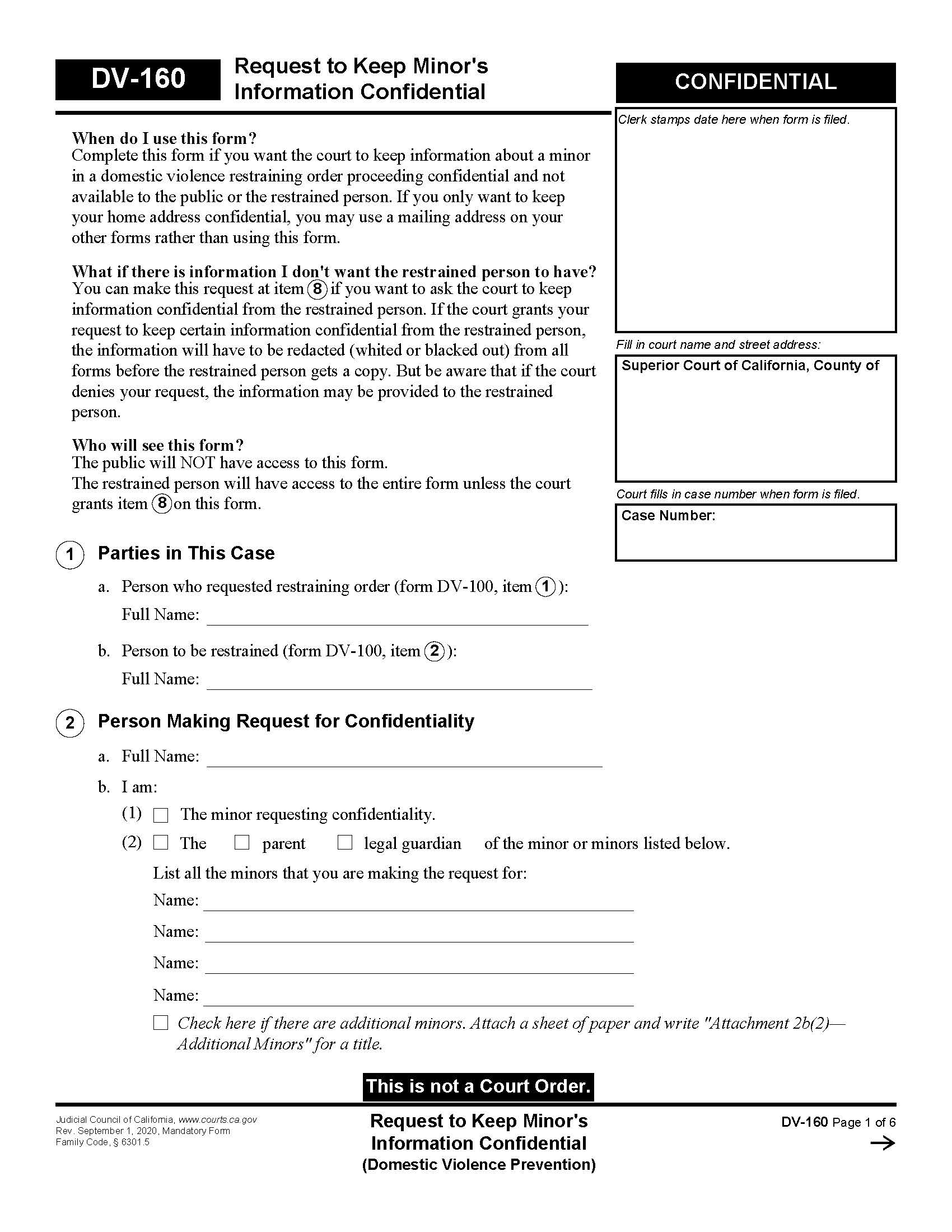 Request To Keep Minors Information Confidential (Domestic Violence Prevention) {DV-160} | Pdf Fpdf Docx | California