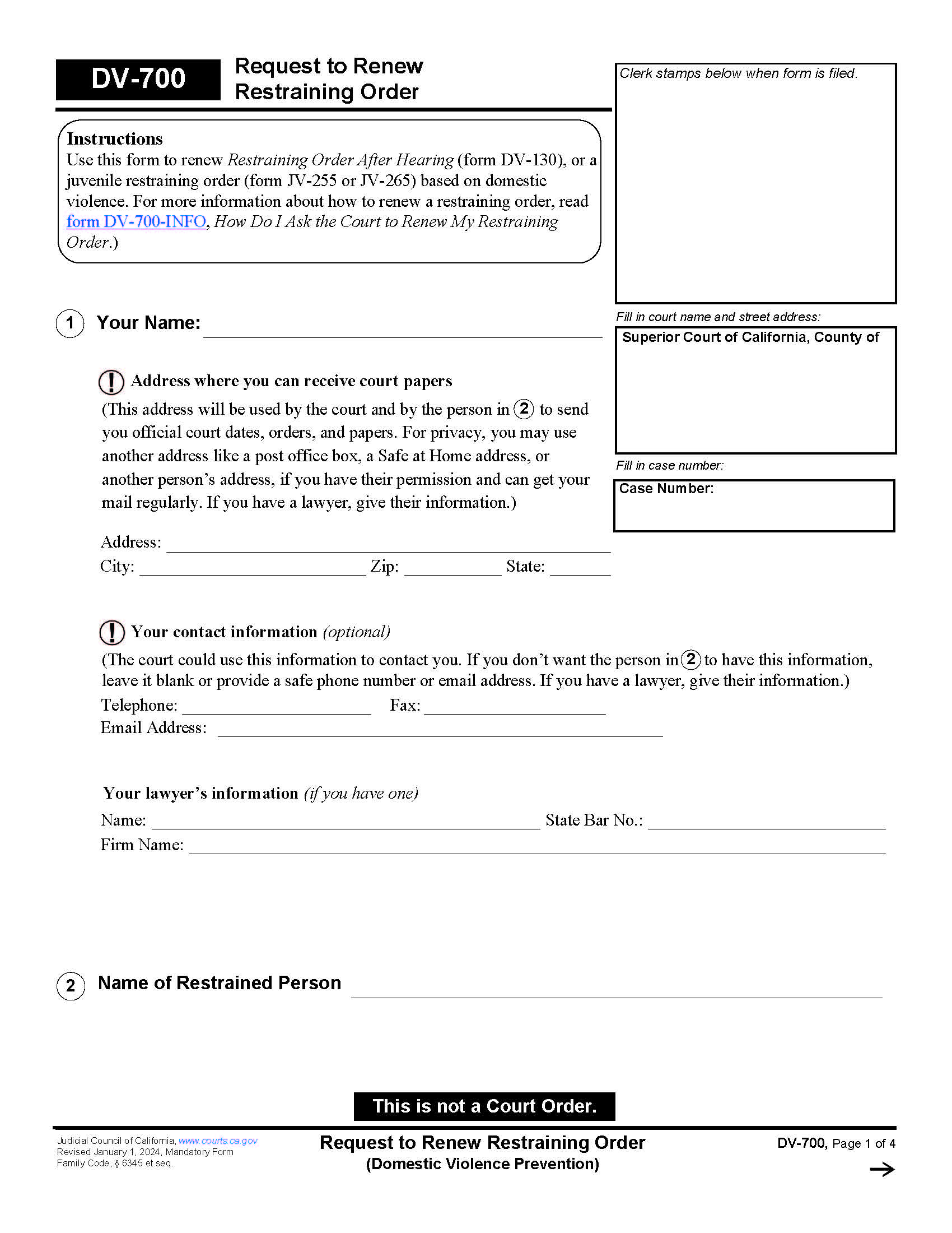 Request To Renew Restraining Order {DV-700} | Pdf Fpdf Doc Docx | California