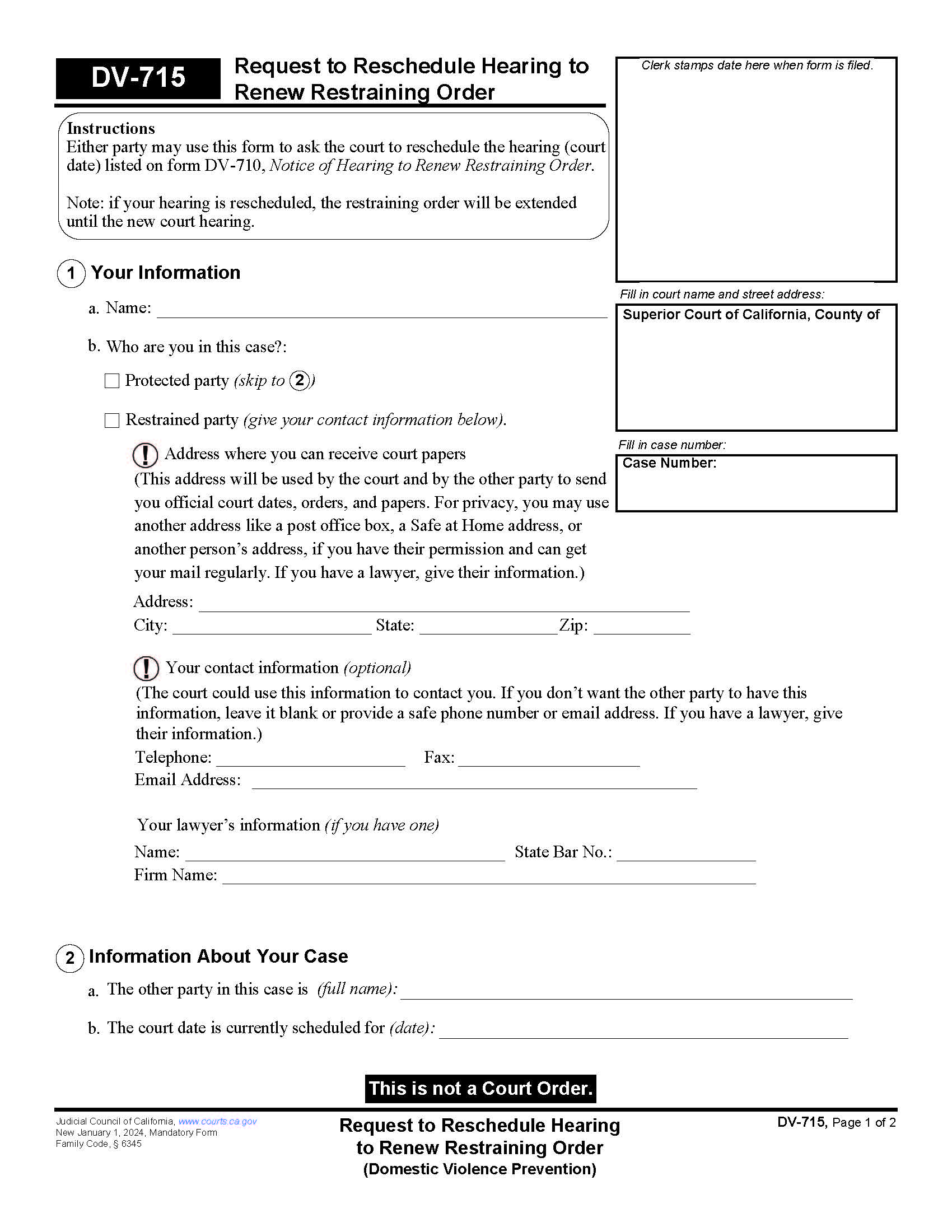 Request To Reschedule Hearing To Renew Restraining Order {DV-715} | Pdf Fpdf Docx | California