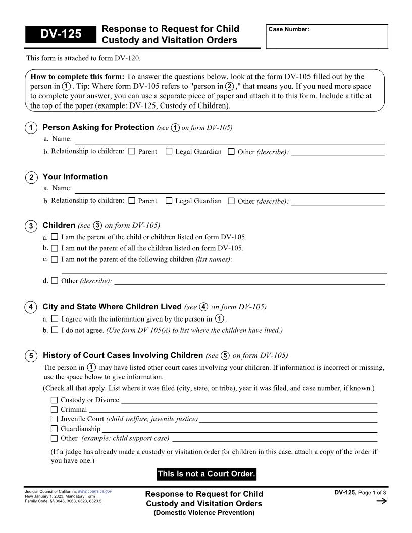 Response To Request For Child Custody And Visitation Orders (Domestic Violence Prevention) {DV-125} | Pdf Fpdf Docx | California