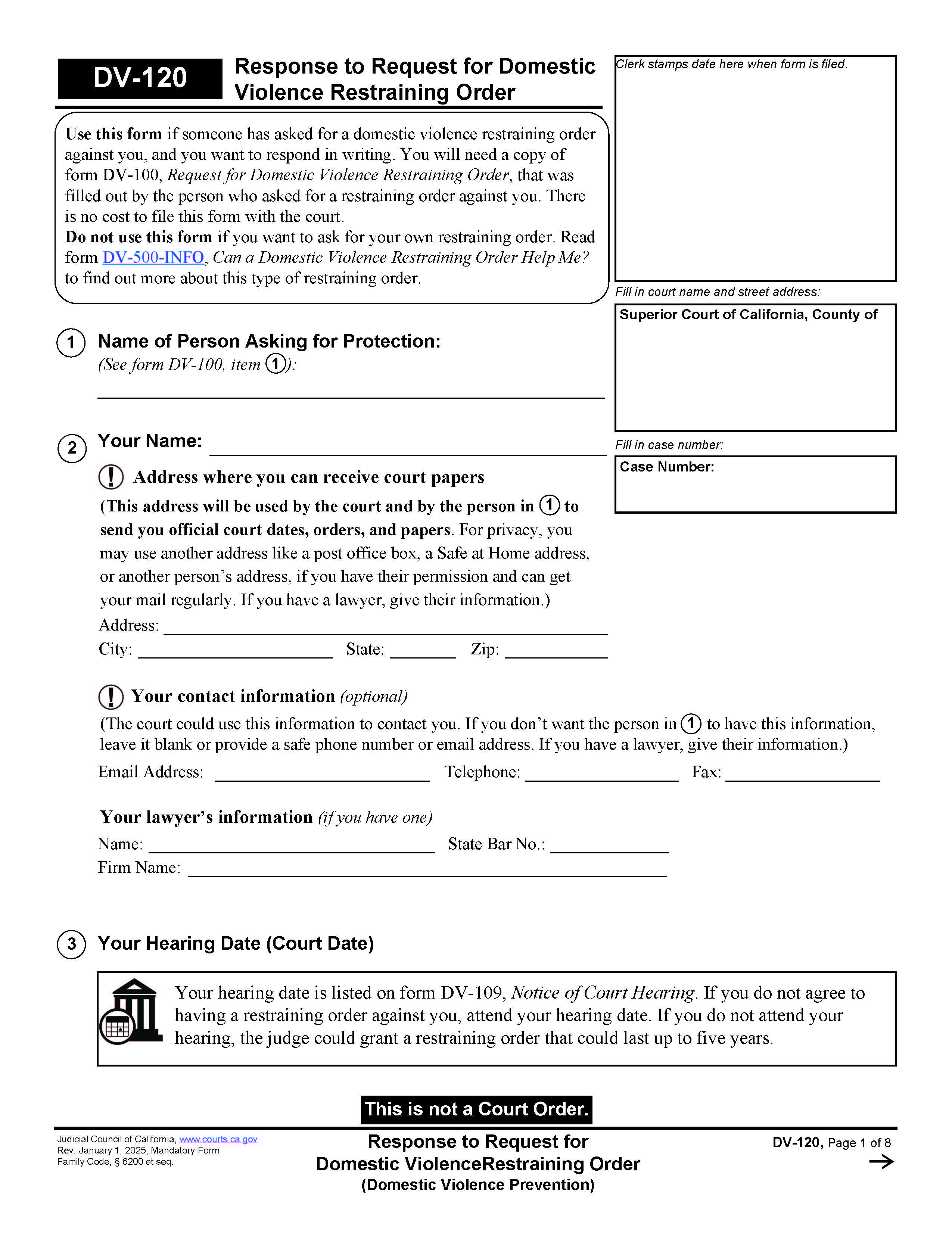 Response To Request For Domestic Violence Restraining Order {DV-120} | Pdf Fpdf Doc Docx | California