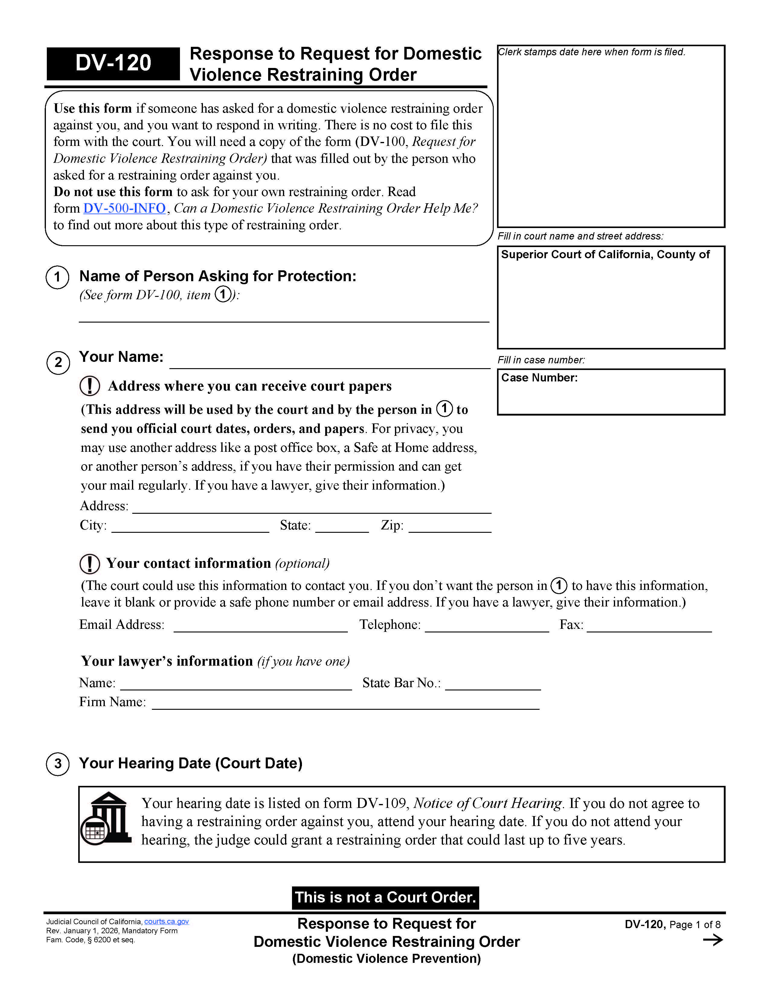 Response To Request For Domestic Violence Restraining Order {DV-120} | Pdf Fpdf Doc Docx | California