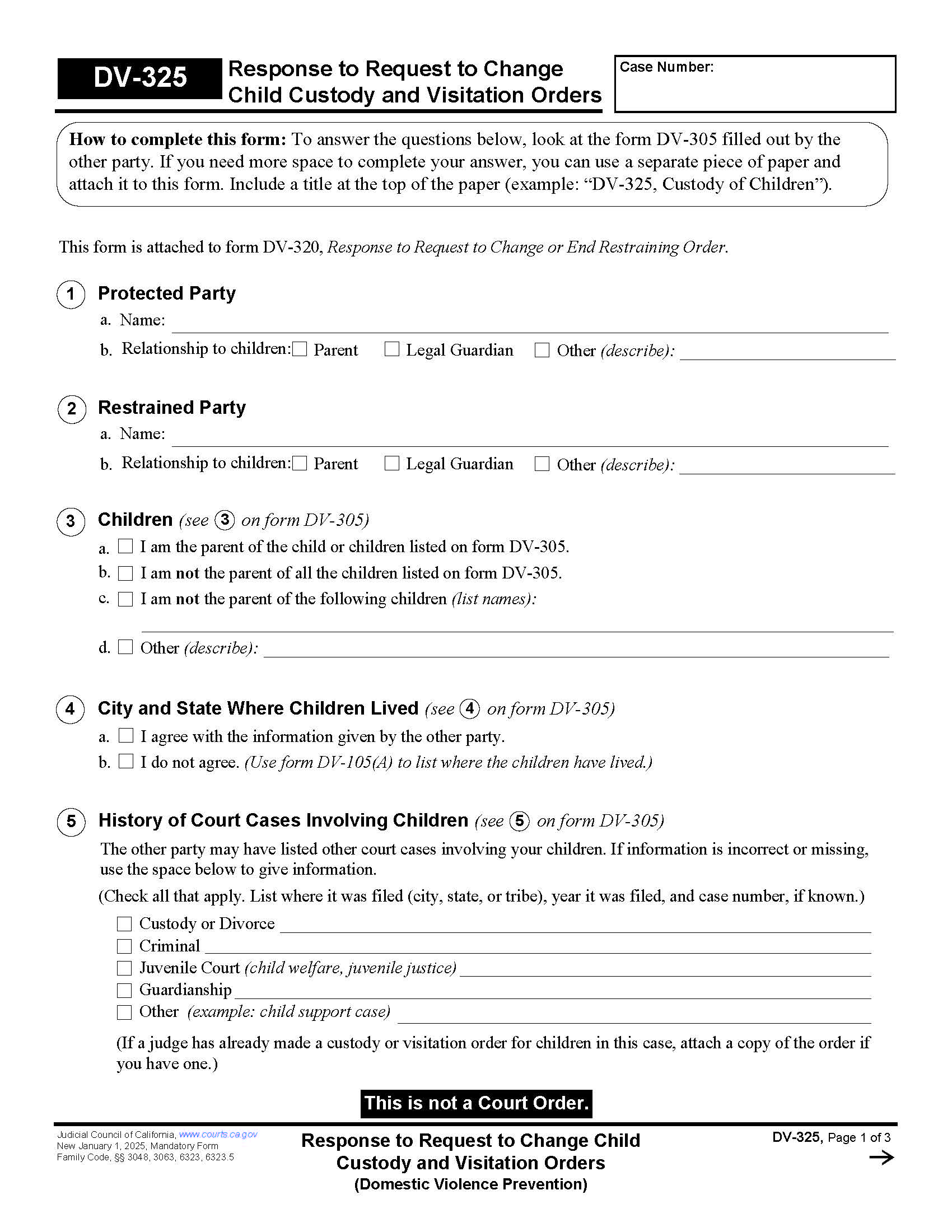 Response To Request To Change Child Custody And Visitation Orders {DV-325} | Pdf Fpdf Docx | California