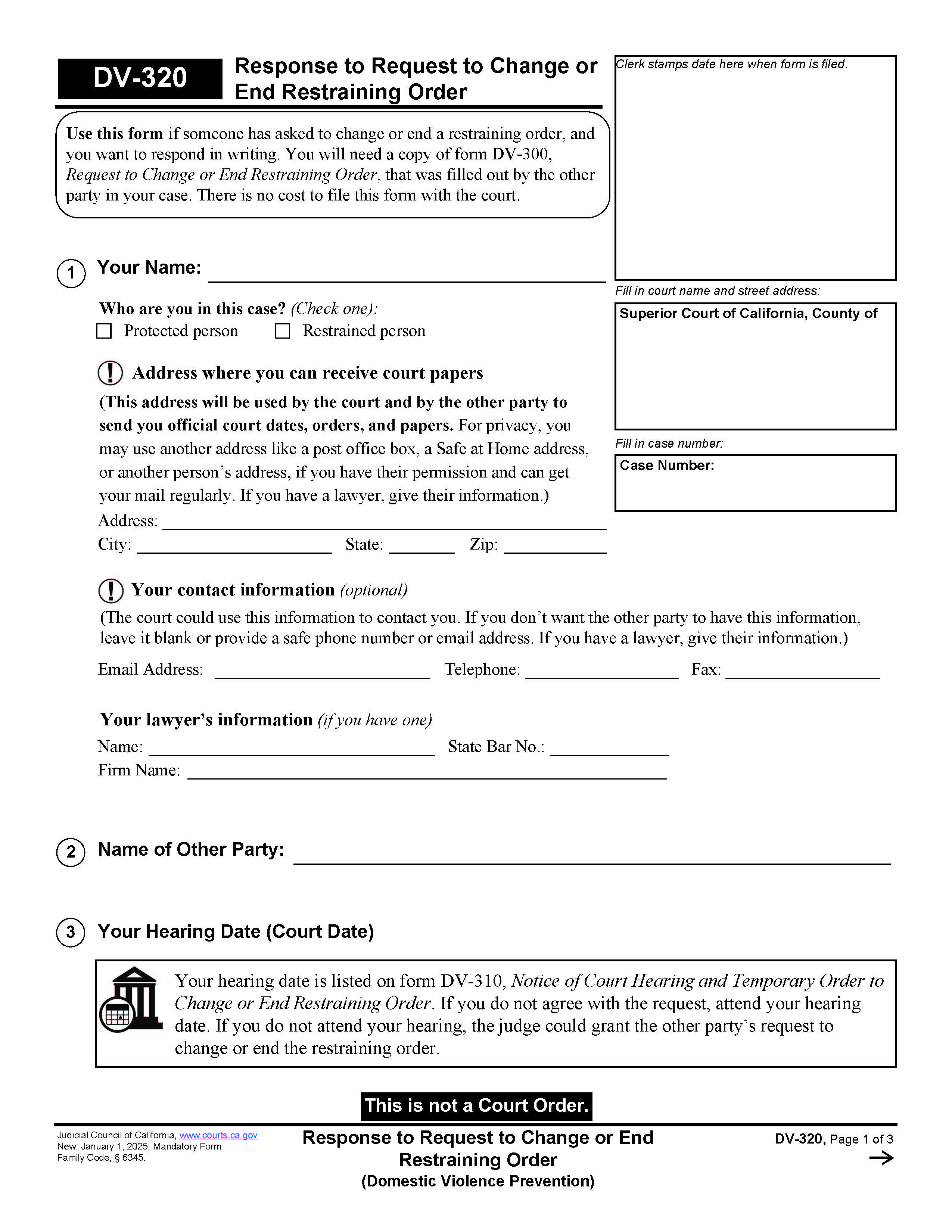 Response To Request To Change Or End Restraining Order {DV-320} | Pdf Fpdf Docx | California
