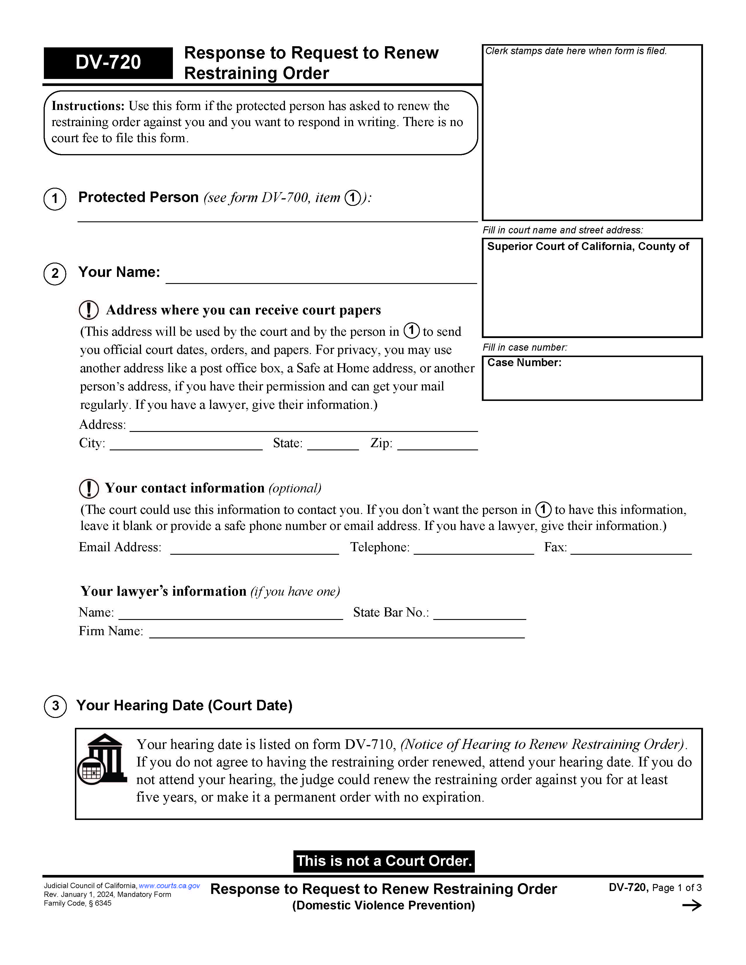 Response To Request To Renew Restraining Order {DV-720} | Pdf Fpdf Doc Docx | California