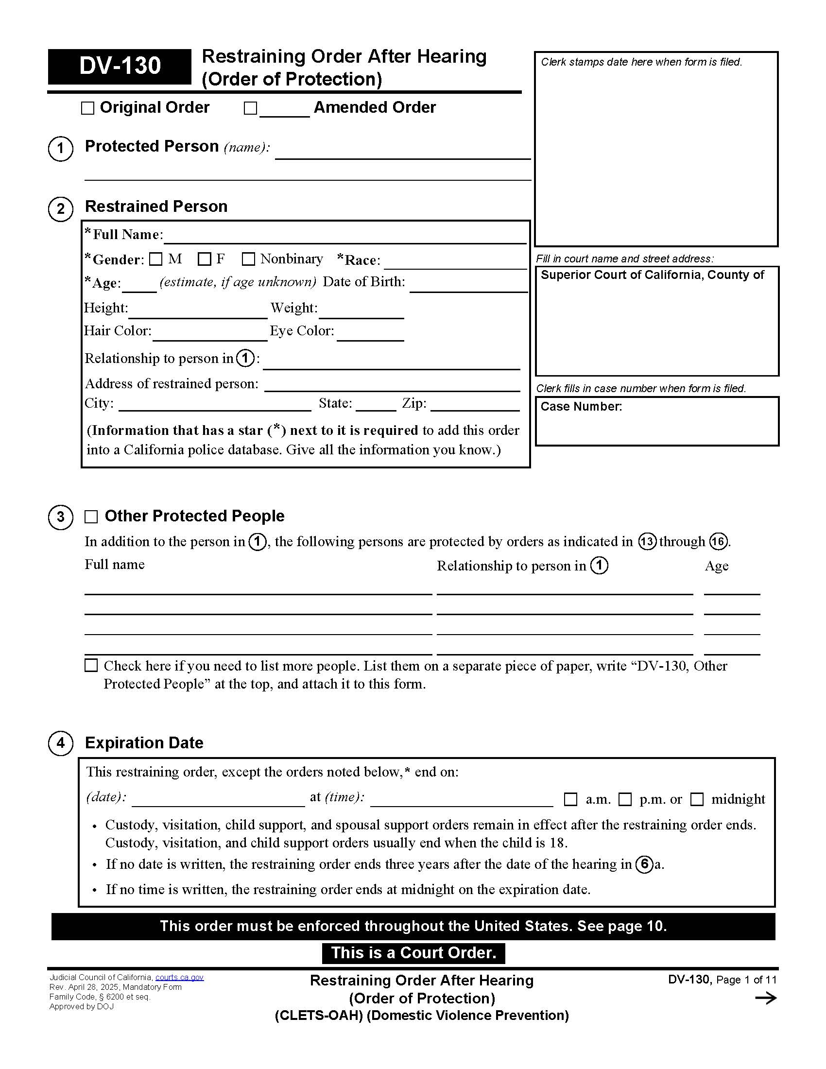 Restraining Order After Hearing (CLETS-OAH) (Order Of Protection) {DV-130} | Pdf Fpdf Doc Docx | California