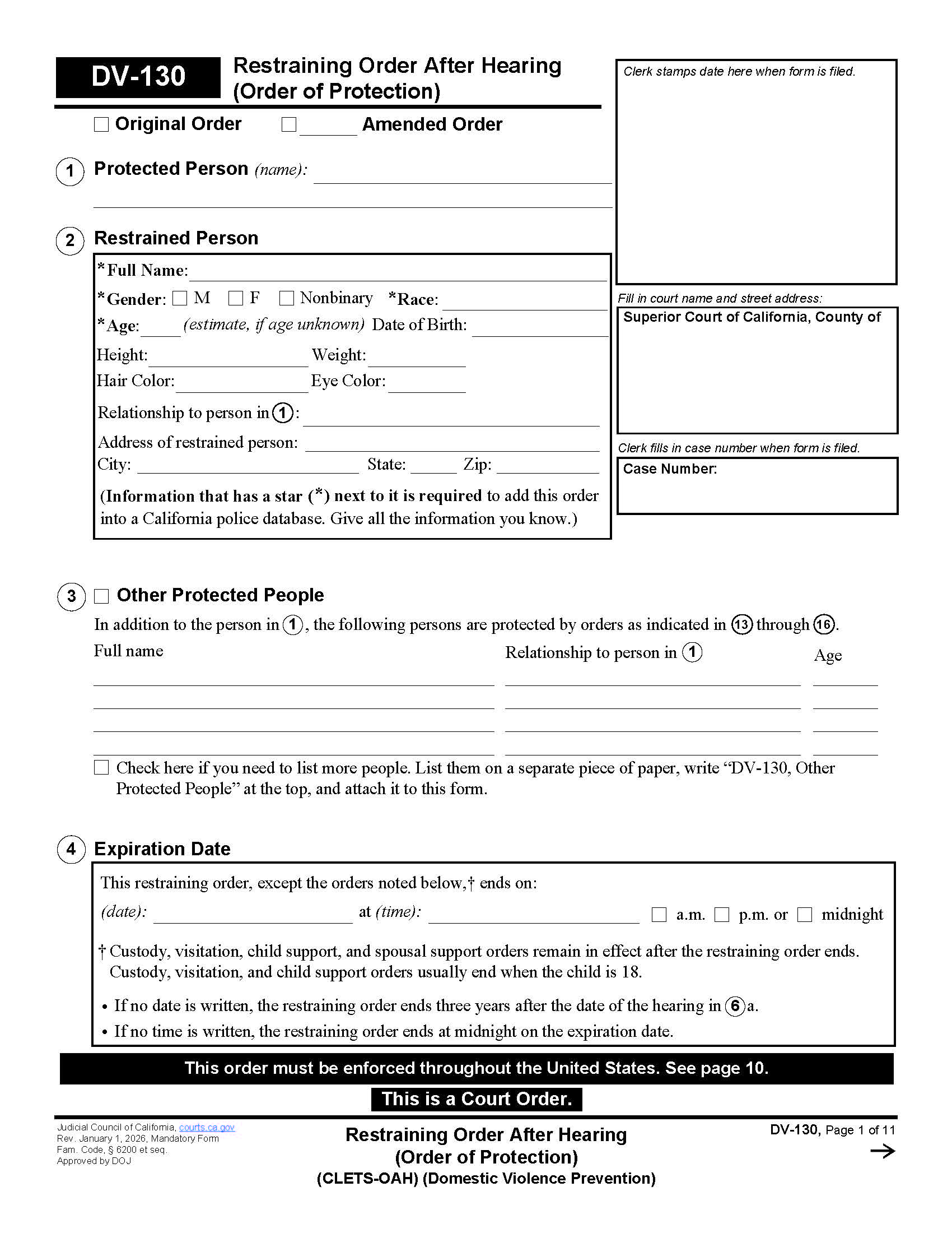 Restraining Order After Hearing (CLETS-OAH) (Order Of Protection) {DV-130} | Pdf Fpdf Doc Docx | California