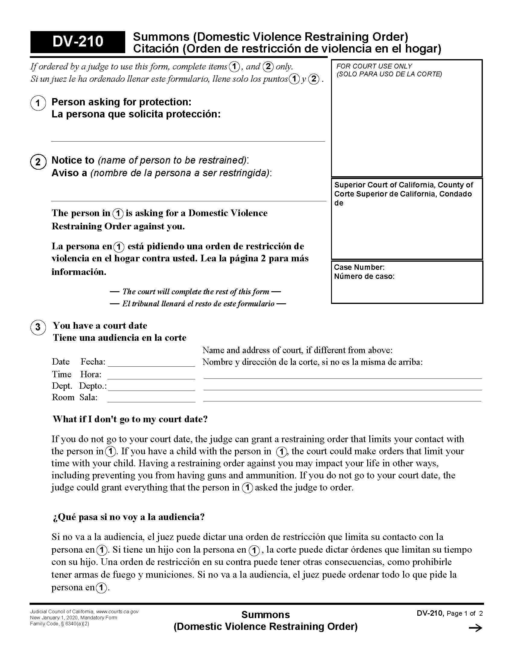 Summons (Domestic Violence Restraining Order) {DV-210} | Pdf Fpdf Docx | California