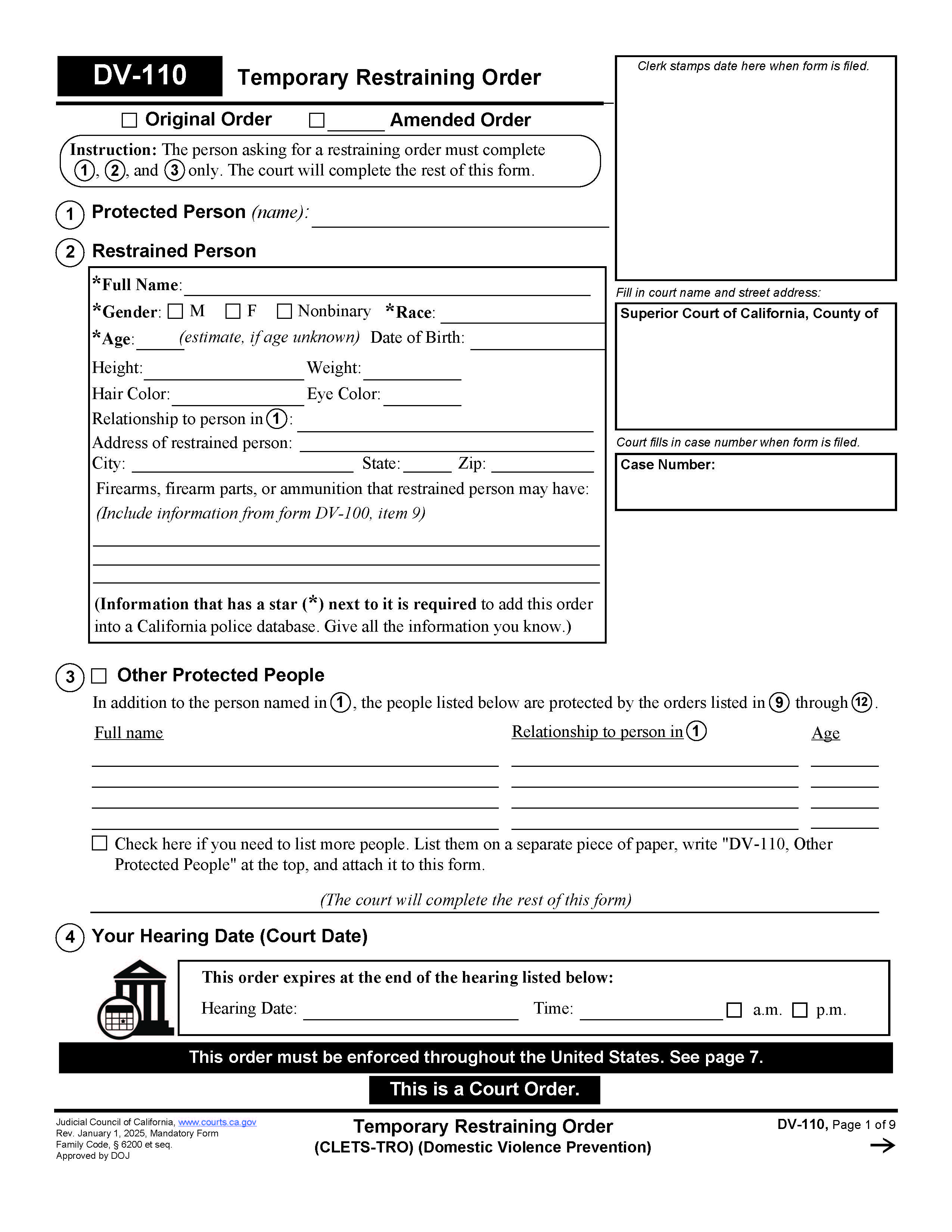 Temporary Restraining Order (CLETS-TRO) (Domestic Violence) {DV-110} | Pdf Fpdf Doc Docx | California