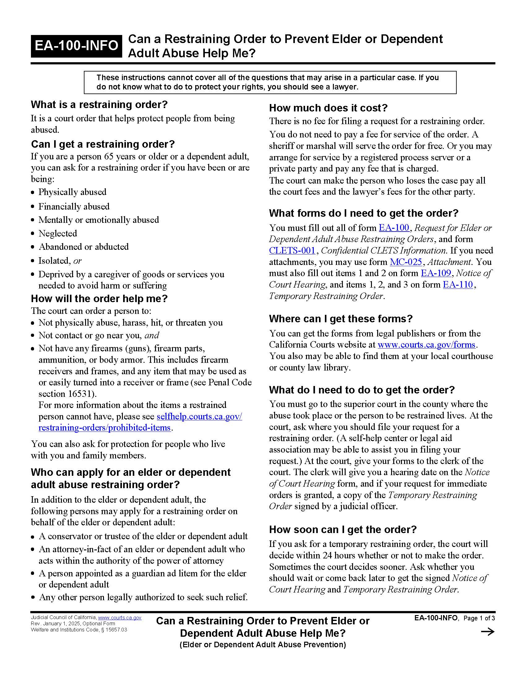 Can A Restraining Order To Prevent Elder Or Dependent Adult Abuse Help Me {EA-100-INFO} | Pdf Fpdf Doc Docx | California