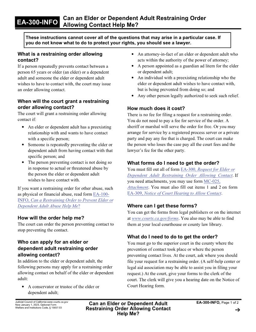 Can An Elder Or Dependent Adult Restraining Order Allowing Contact Help Me {EA-300-INFO} | Pdf Fpdf Docx | California