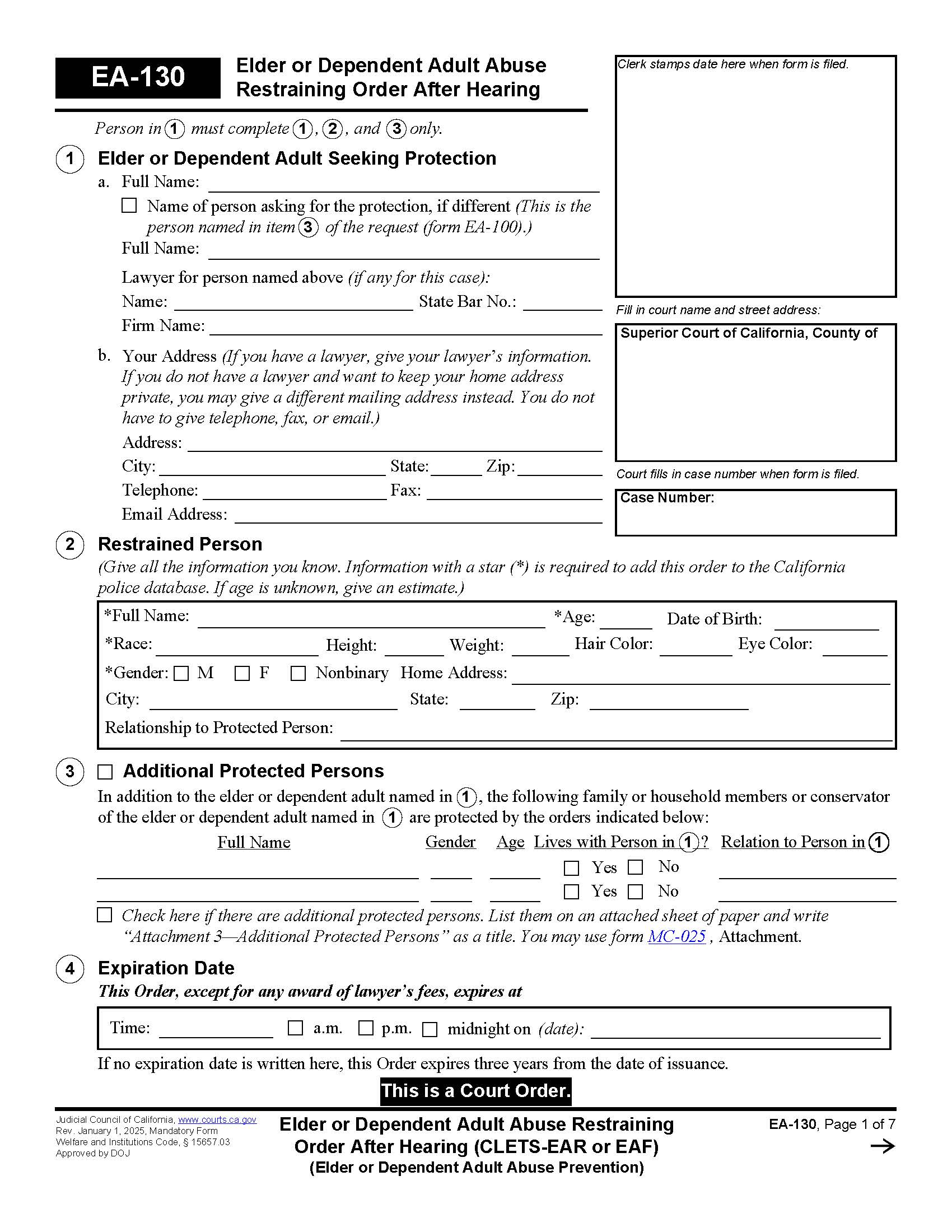 Elder Or Dependent Adult Abuse Restraining Order After Hearing (CLETS-EAR Or EAF) {EA-130} | Pdf Fpdf Docx | California