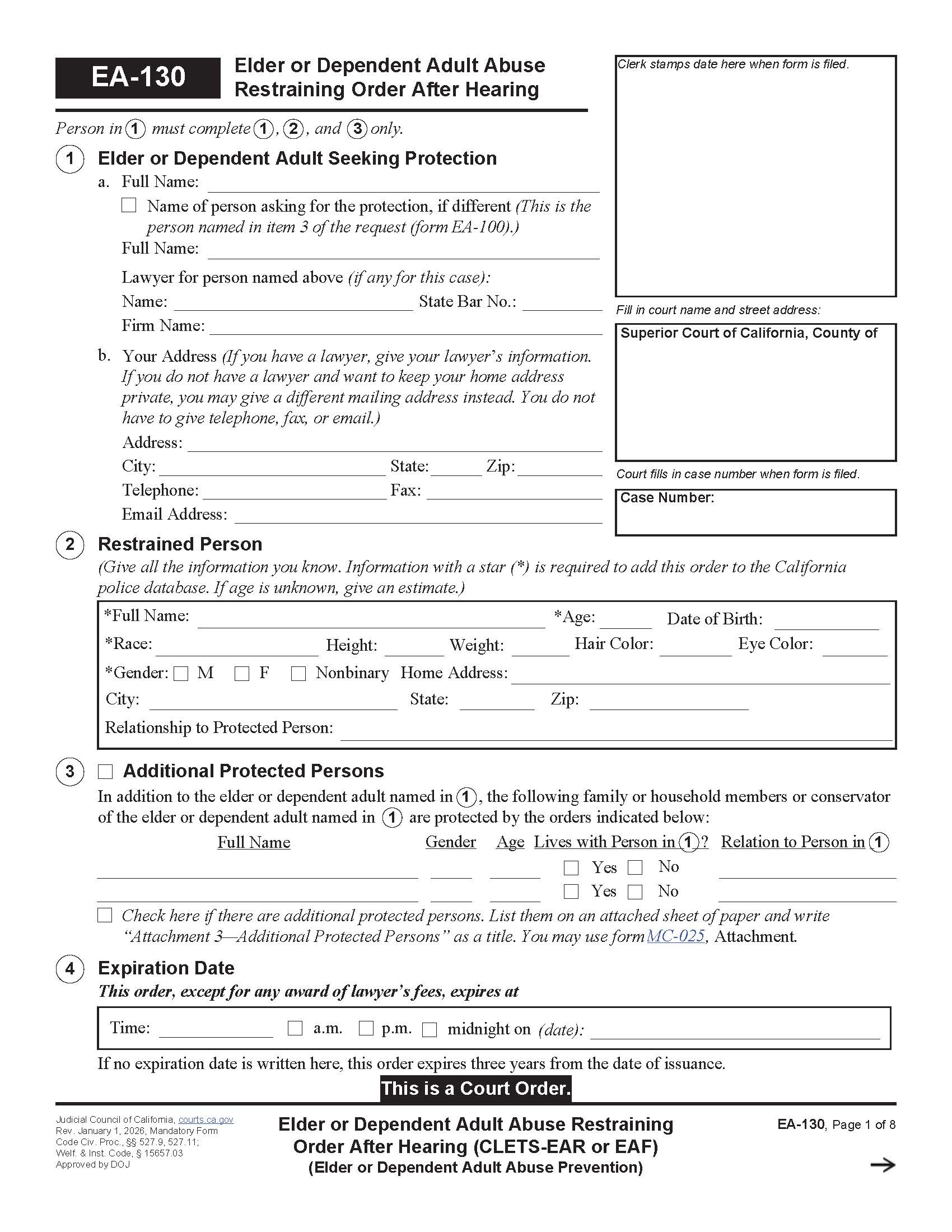 Elder Or Dependent Adult Abuse Restraining Order After Hearing (CLETS-EAR Or EAF) {EA-130} | Pdf Fpdf Docx | California