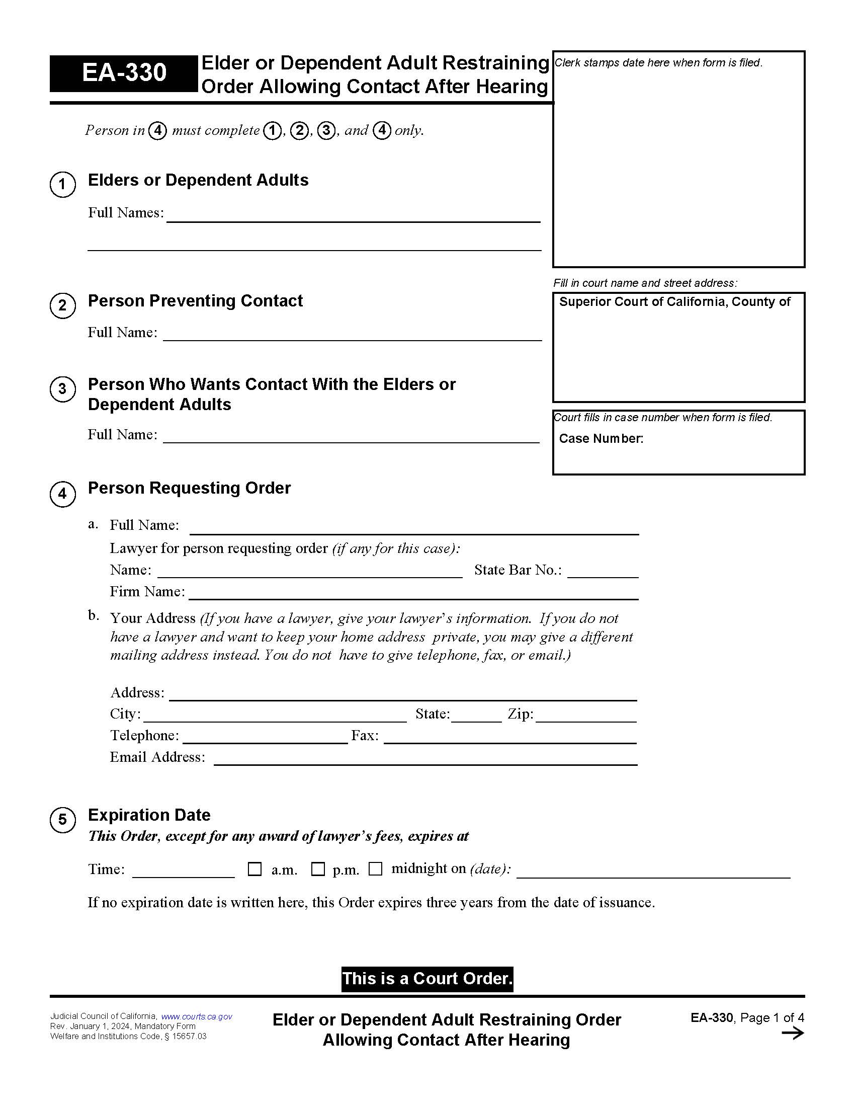 Elder Or Dependent Adult Restraining Order Allowing Contact After Hearing {EA-330} | Pdf Fpdf Docx | California