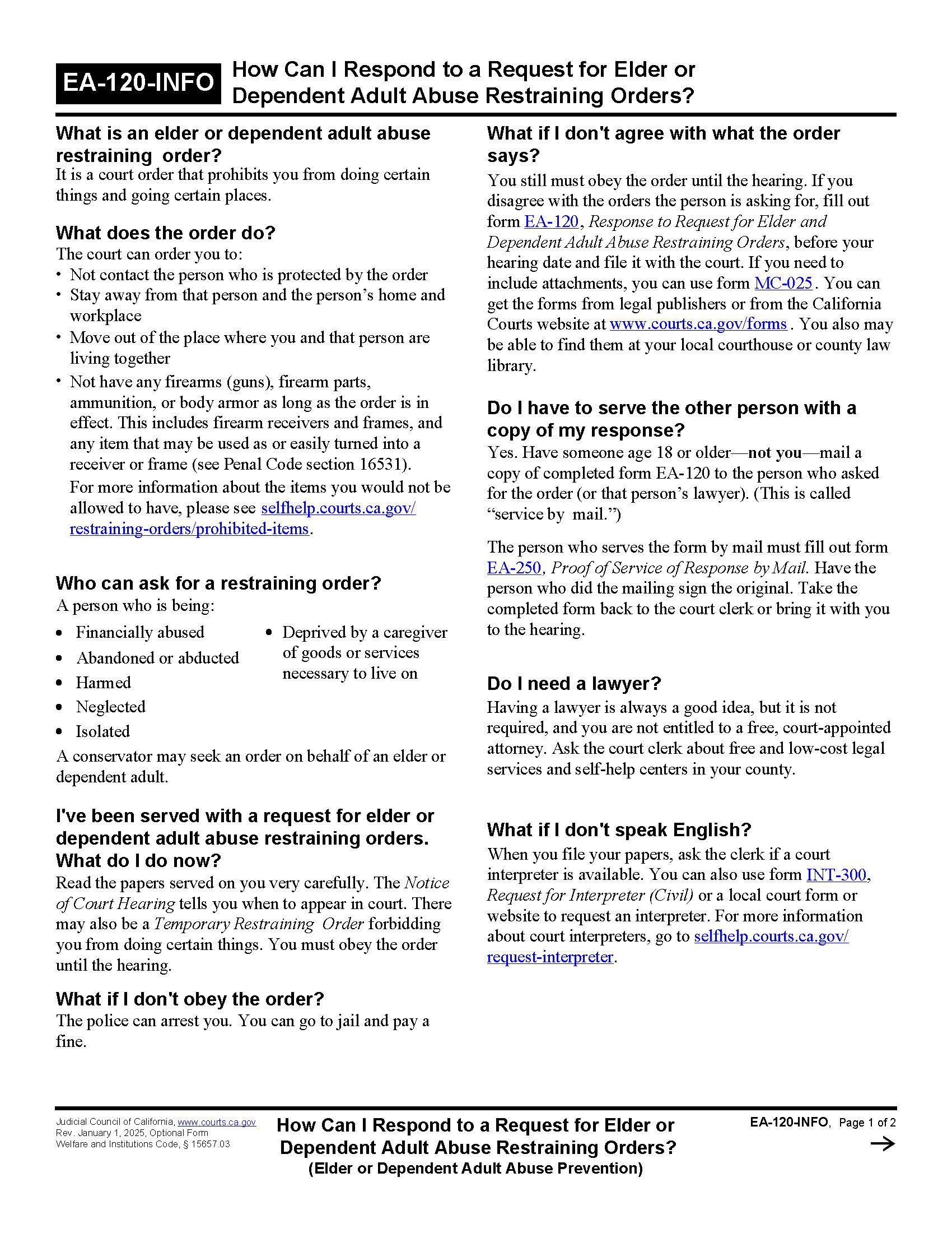 How Can I Respond To A Request For Elder Or Dependent Adult Abuse Restraining Orders {EA-120-INFO} | Pdf Fpdf Doc Docx | California