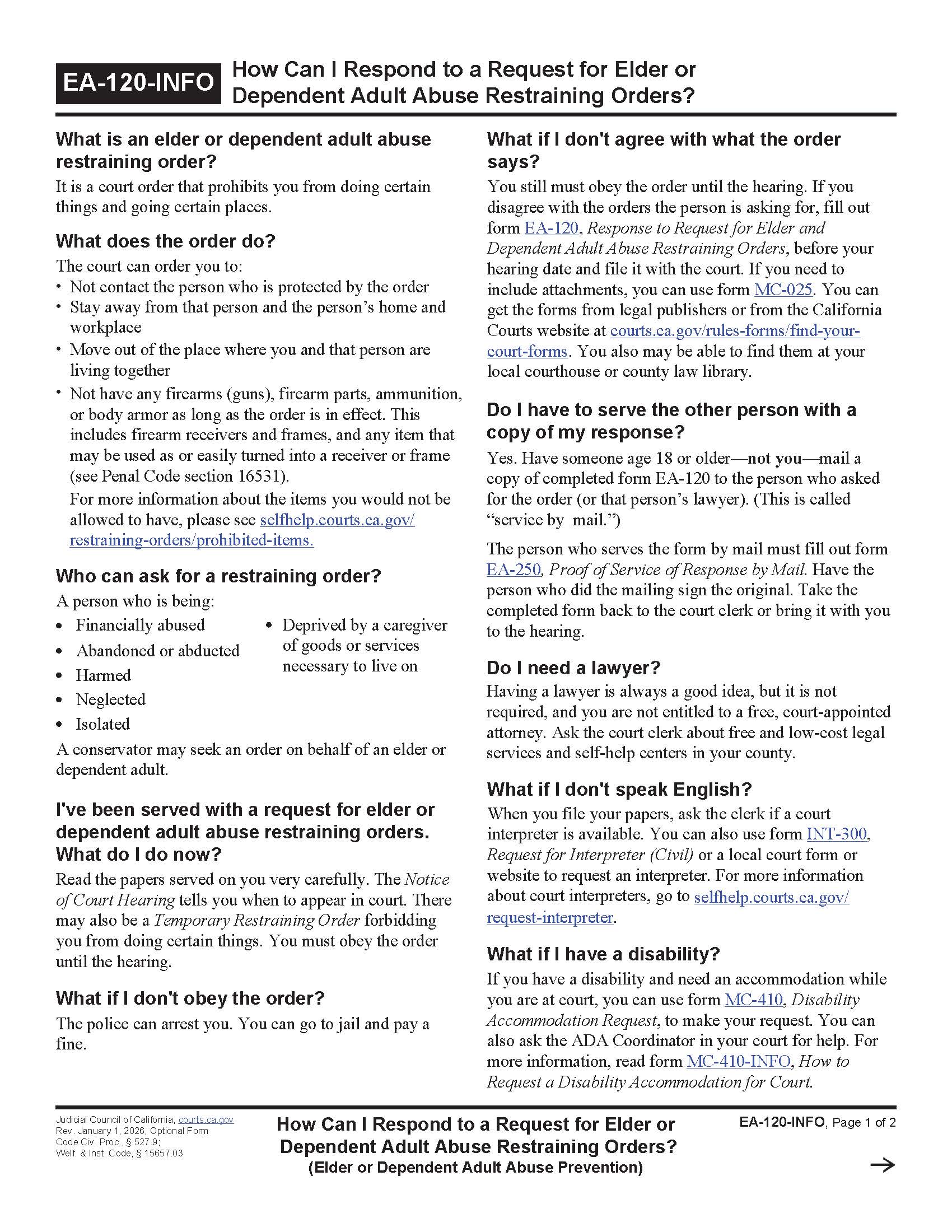 How Can I Respond To A Request For Elder Or Dependent Adult Abuse Restraining Orders {EA-120-INFO} | Pdf Fpdf Doc Docx | California