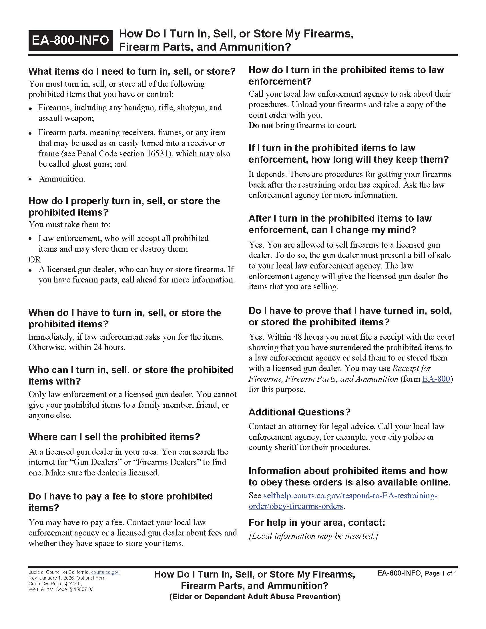 How Do I Turn In Sell Or Store My Firearms {EA-800-INFO} | Pdf Fpdf Doc Docx | California