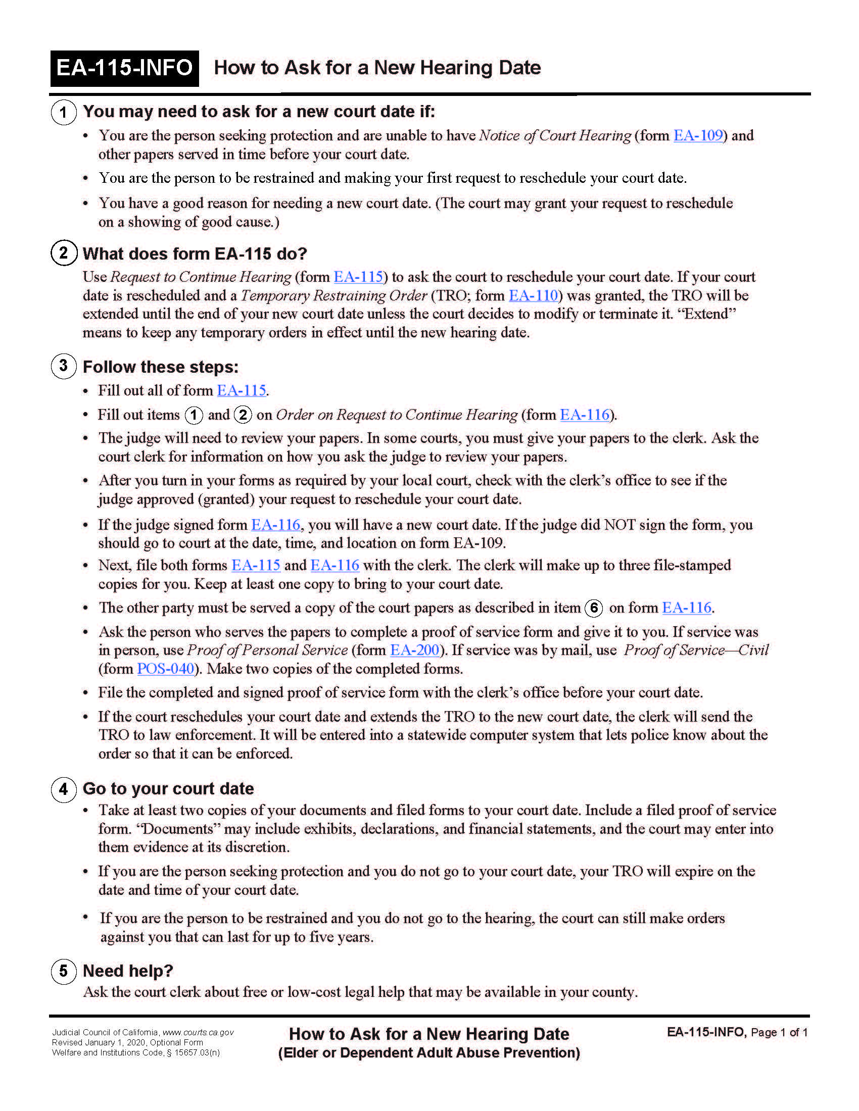 How To Ask For A New Hearing Date {EA-115-INFO} | Pdf Fpdf Doc Docx | California