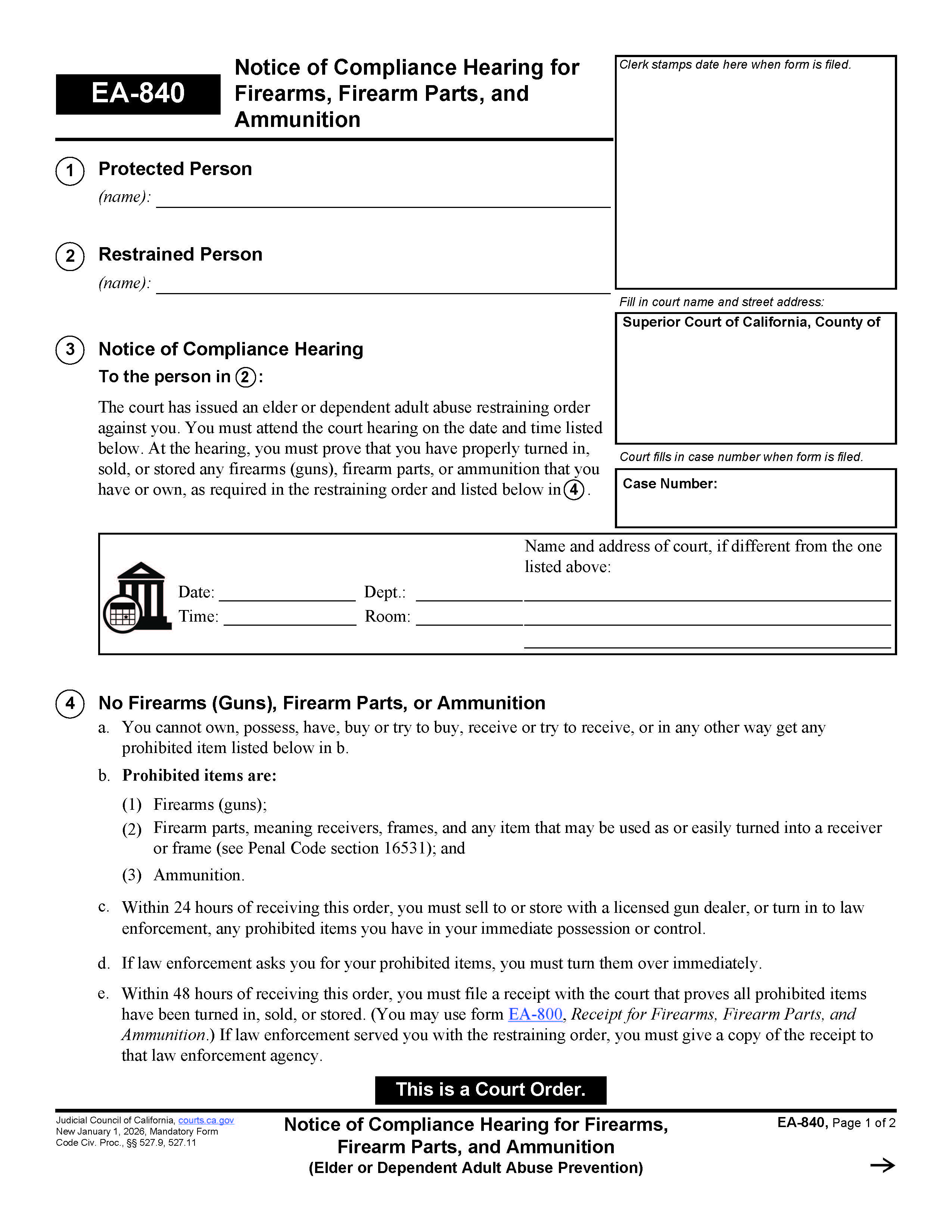 Notice Of Compliance Hearing For Firearms Firearm Parts And Ammunition {EA-840} | Pdf Fpdf Docx | California