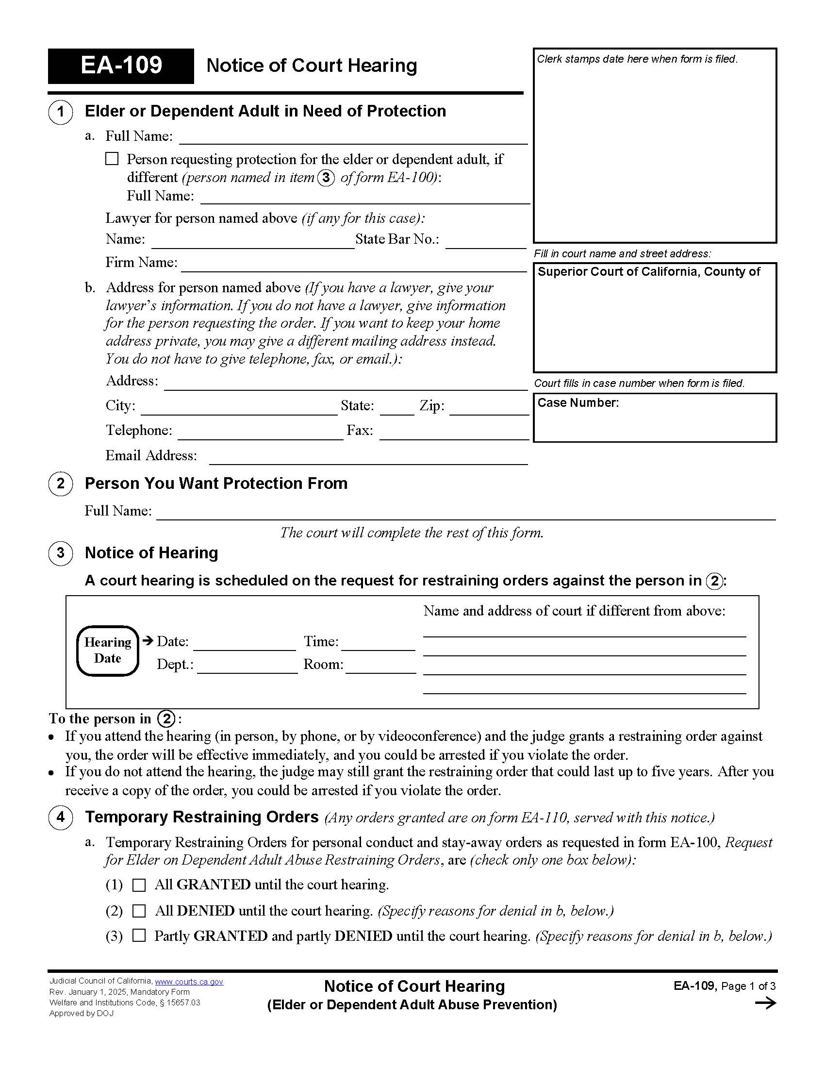Notice Of Court Hearing {EA-109} | Pdf Fpdf Doc Docx | California