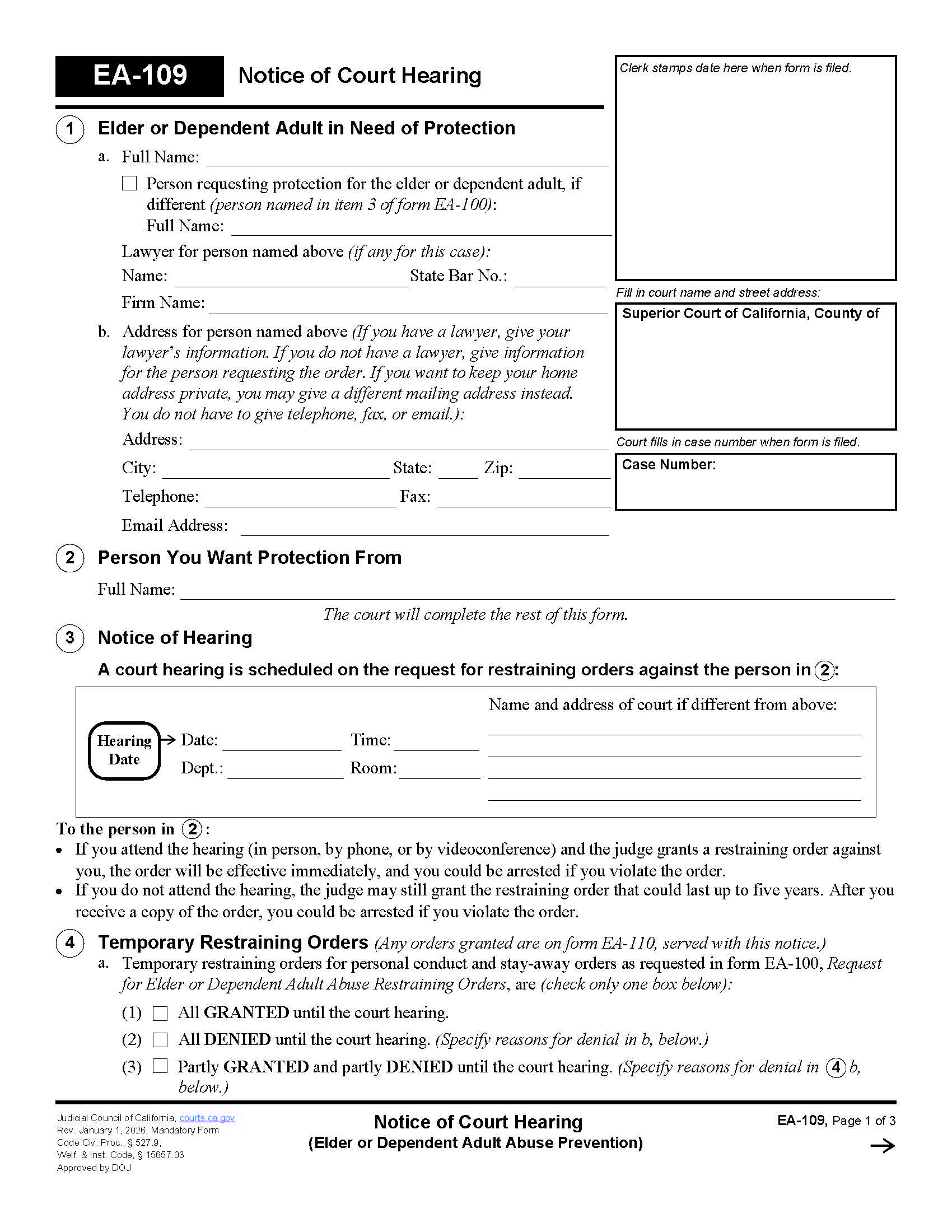Notice Of Court Hearing {EA-109} | Pdf Fpdf Doc Docx | California