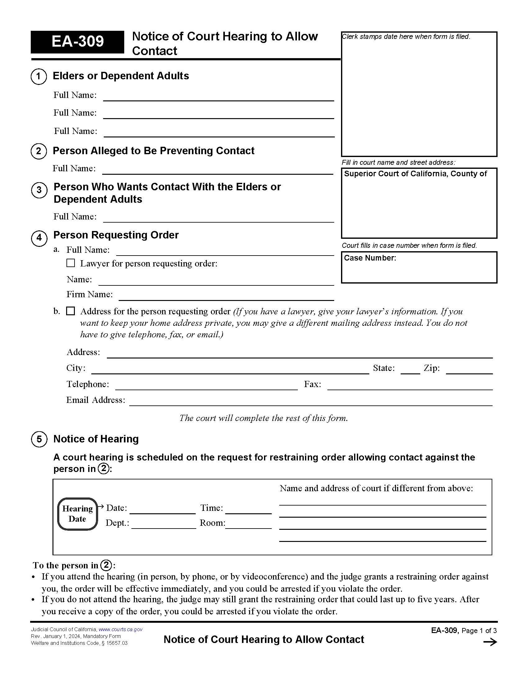 Notice Of Court Hearing To Allow Contact {EA-309} | Pdf Fpdf Docx | California