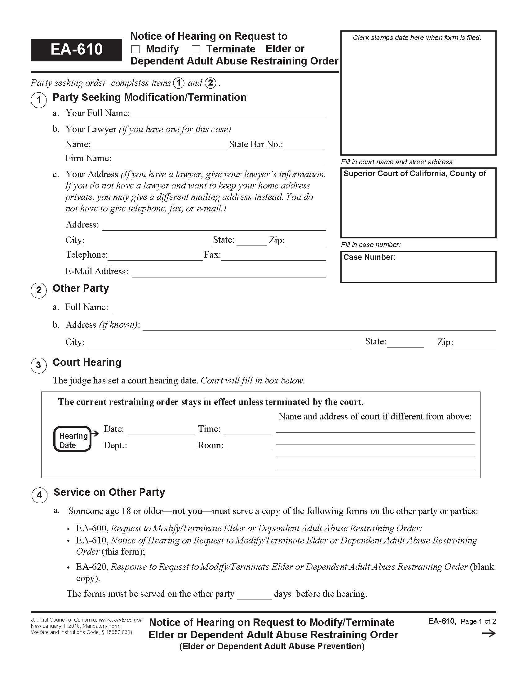 Notice Of Hearing To Modify-Terminate Elder Or Dependent Adult Abuse Restraining Order {EA-610} | Pdf Fpdf Docx | California