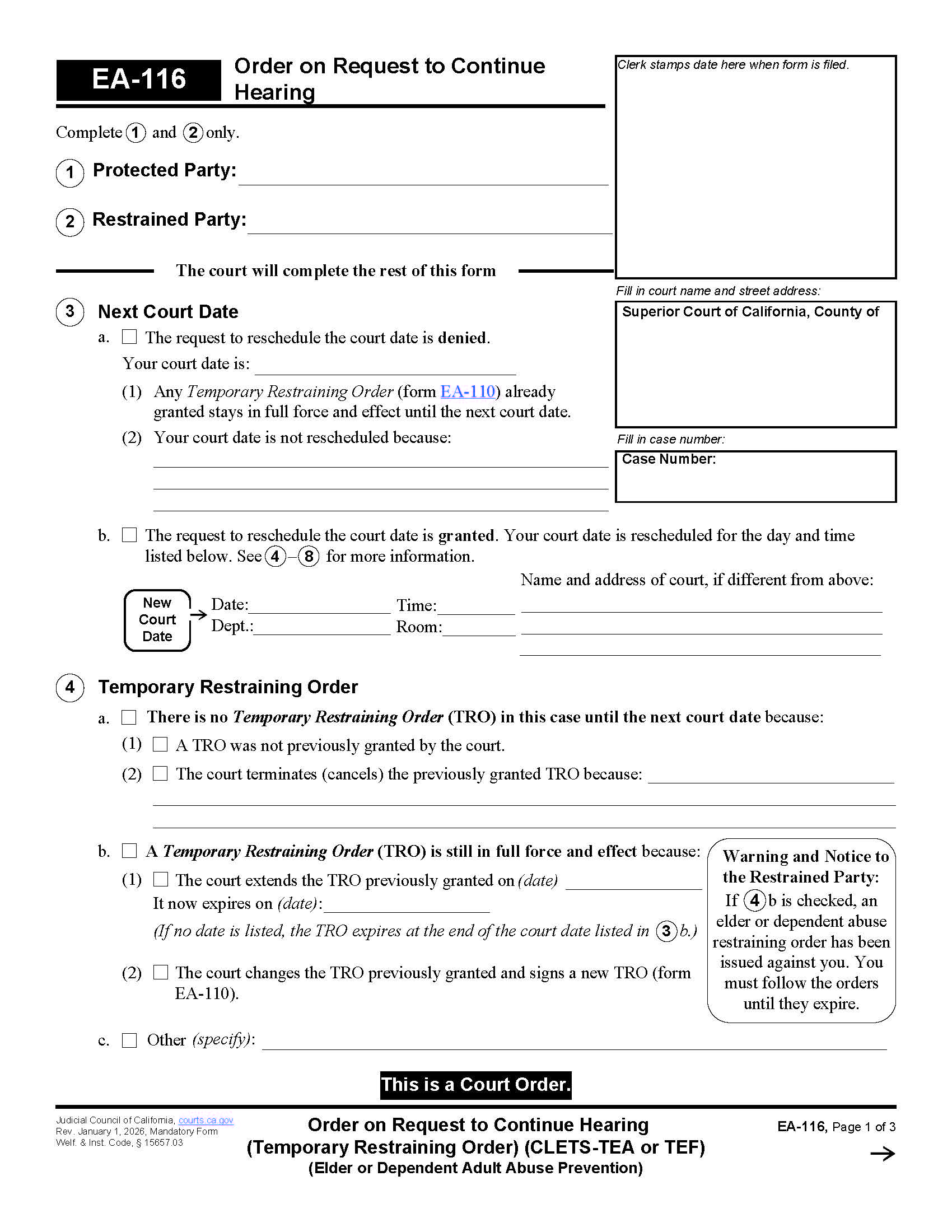 Order On Request To Continue Hearing {EA-116} | Pdf Fpdf Doc Docx | California