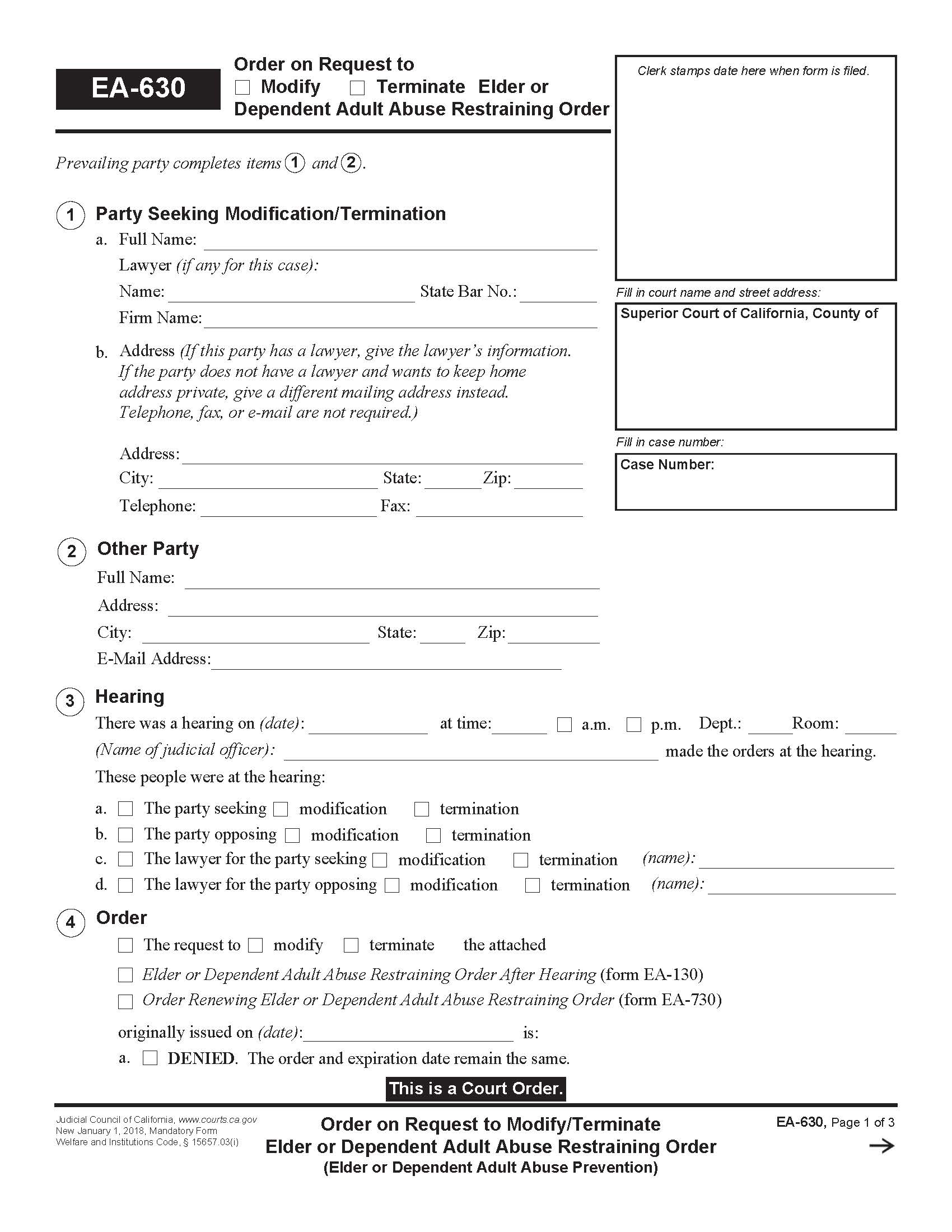 Order On Request To Modify-Terminate Elder Or Dependent Adult Abuse Restraining Order {EA-630} | Pdf Fpdf Docx | California