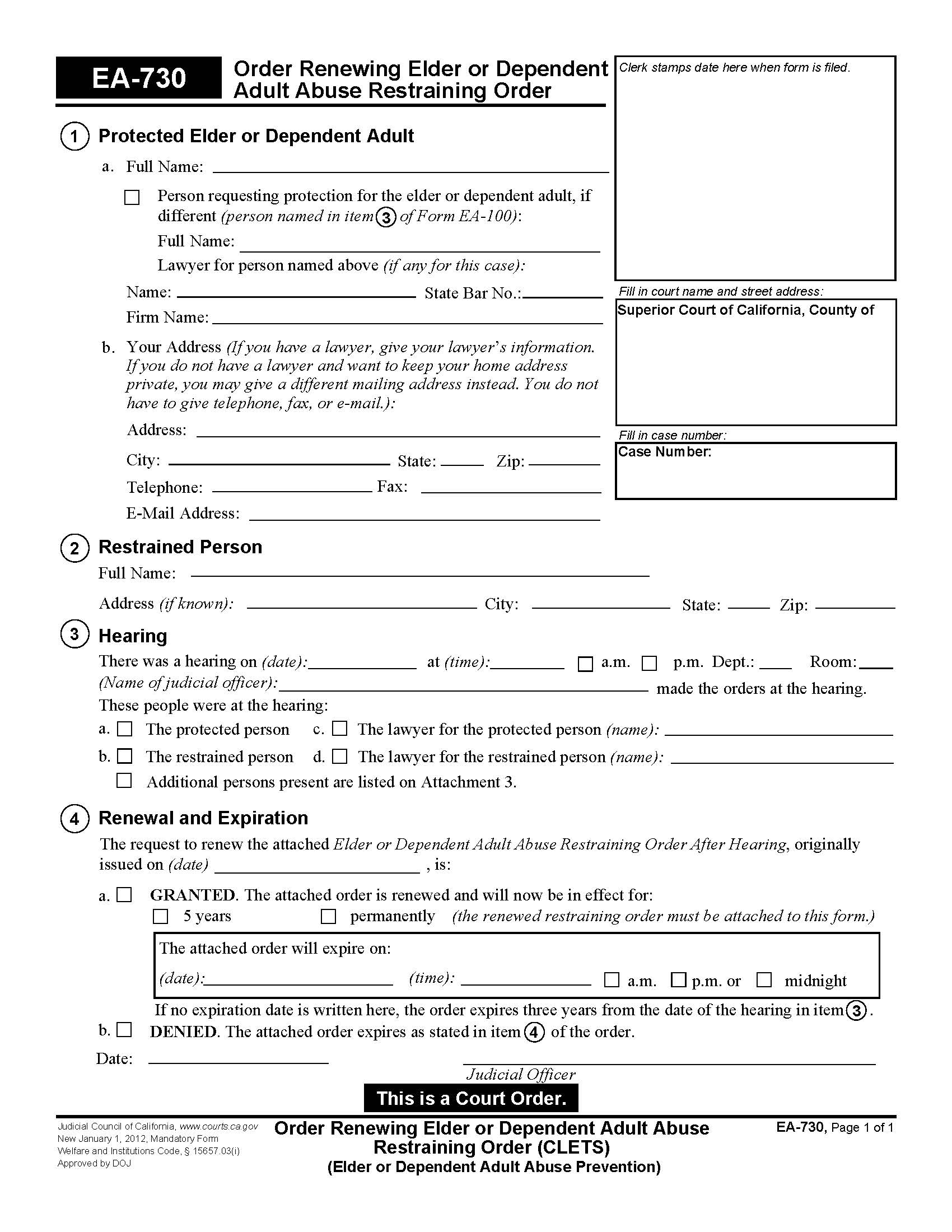 Order Renewing Elder Or Dependent Adult Abuse Restraining Order {EA-730} | Pdf Fpdf Doc Docx | California