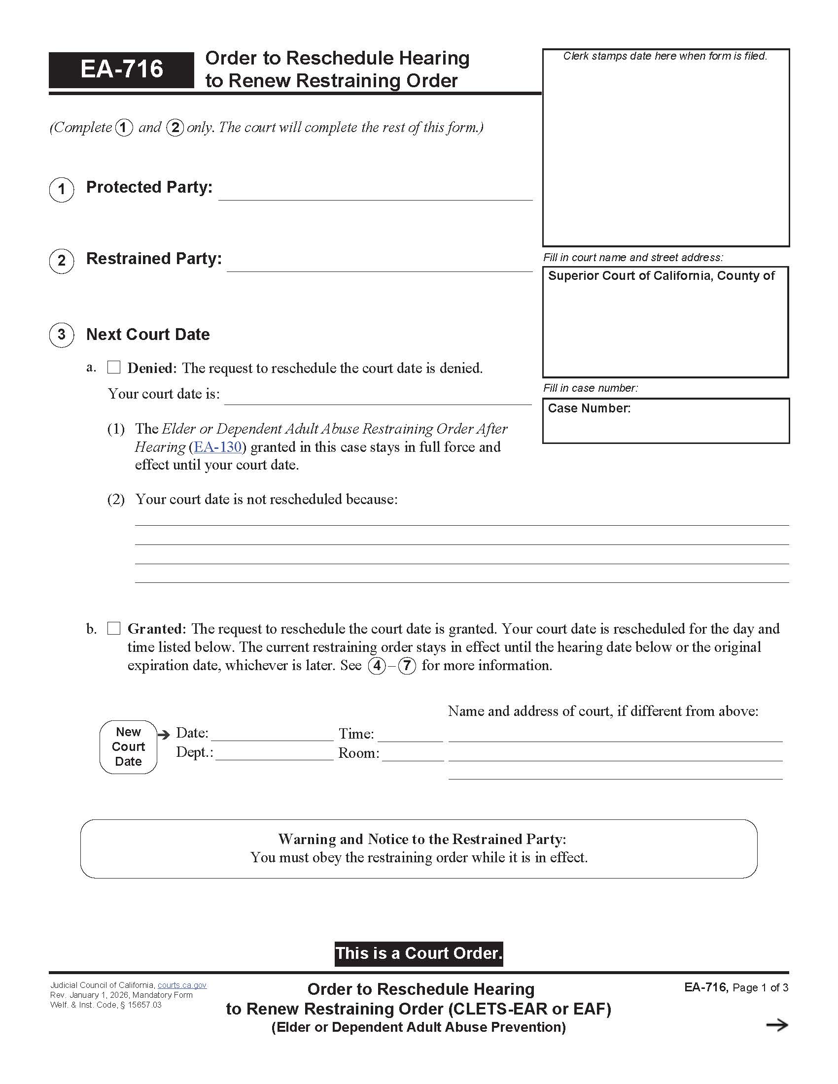 Order To Reschedule Hearing To Renew Restraining Order {EA-716} | Pdf Fpdf Docx | California