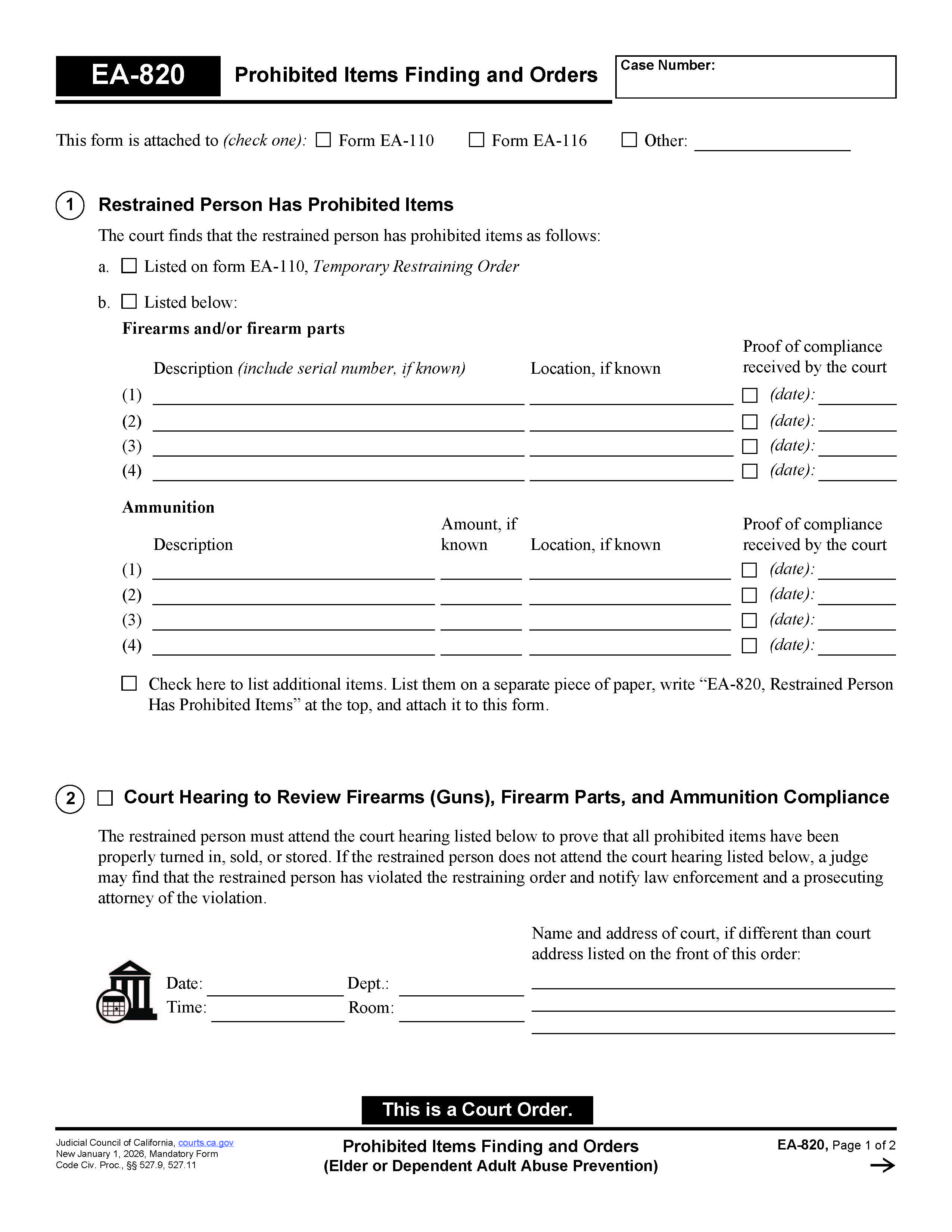 Prohibited Items Finding And Orders (Elder Or Dependent Adult Abuse Prevention) {EA-820} | Pdf Fpdf Docx | California