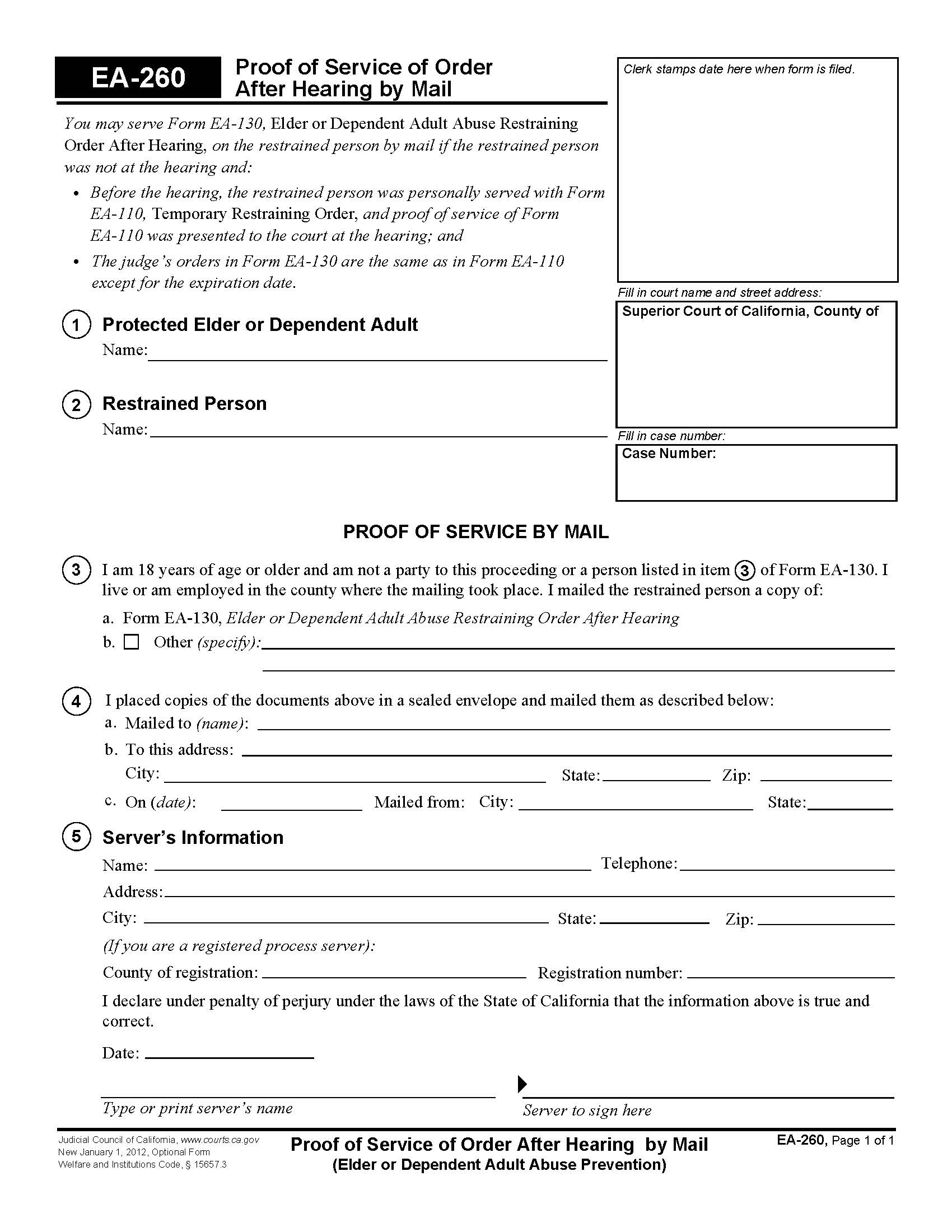 Proof Of Service Of Order After Hearing By Mail {EA-260} | Pdf Fpdf Doc Docx | California