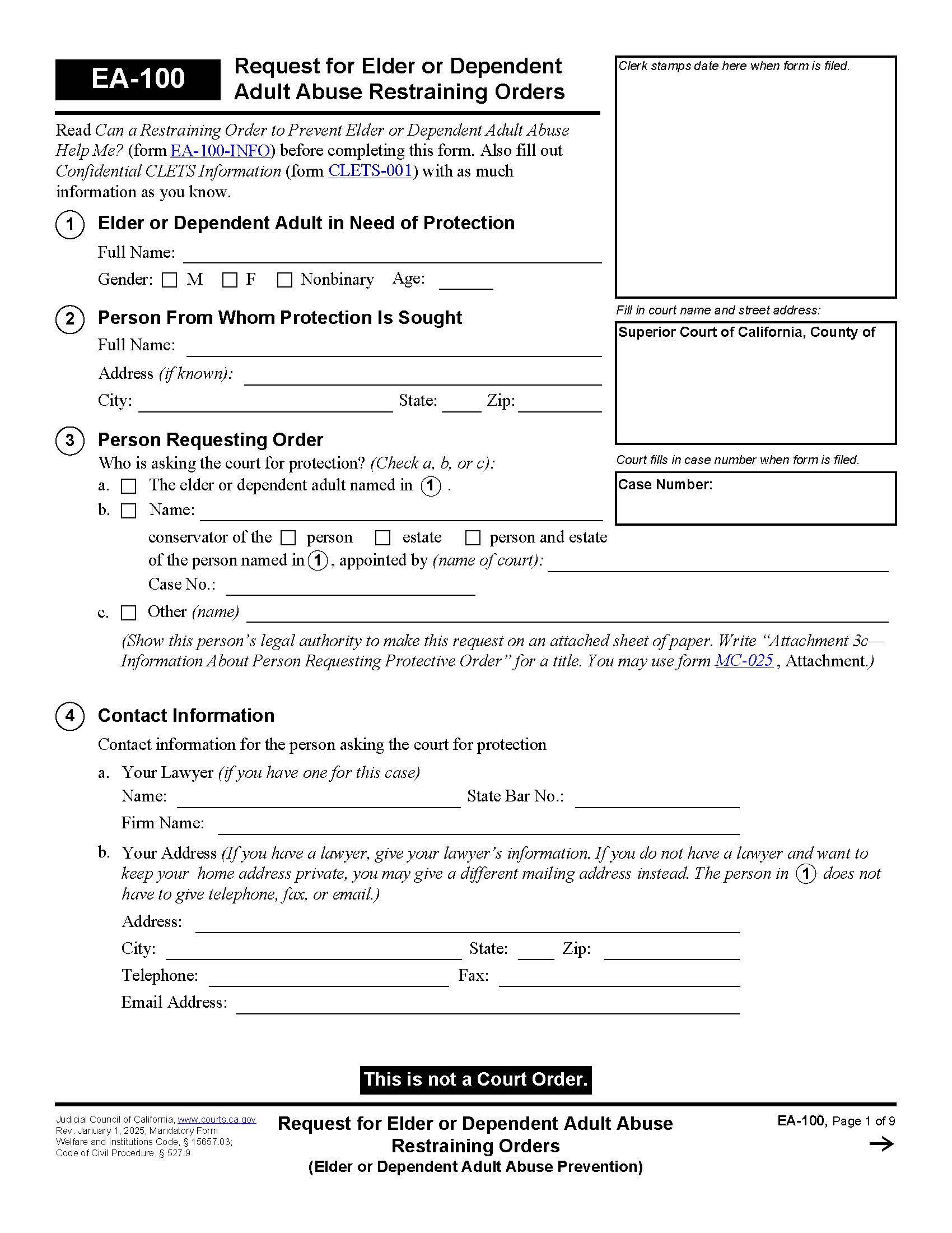Request For Elder Or Dependent Adult Abuse Restraining Orders {EA-100} | Pdf Fpdf Docx | California