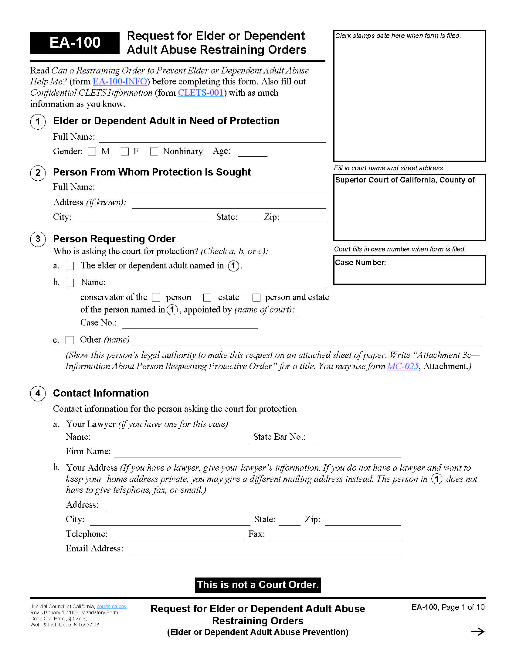 Request For Elder Or Dependent Adult Abuse Restraining Orders {EA-100} | Pdf Fpdf Docx | California