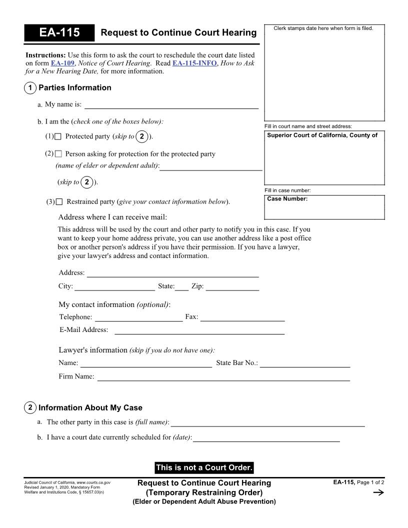 Request To Continue Court Hearing {EA-115} | Pdf Fpdf Doc Docx | California