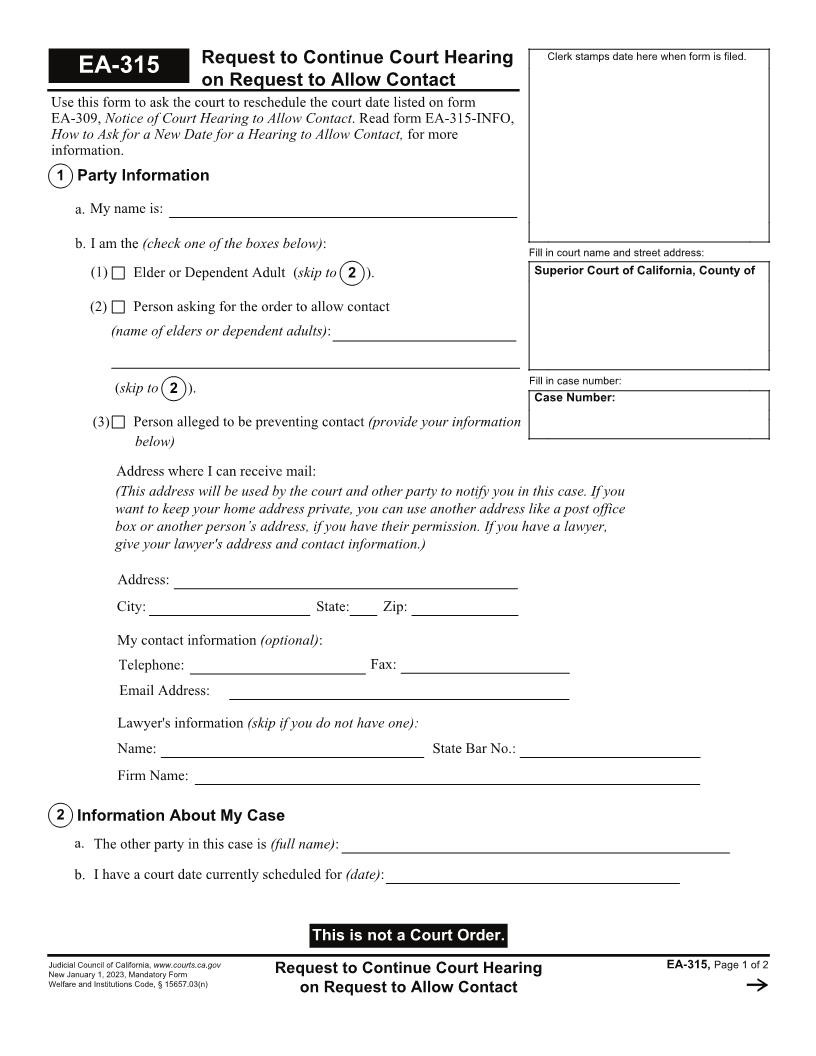 Request To Continue Court Hearing On Request To Allow Contact {EA-315} | Pdf Fpdf Docx | California
