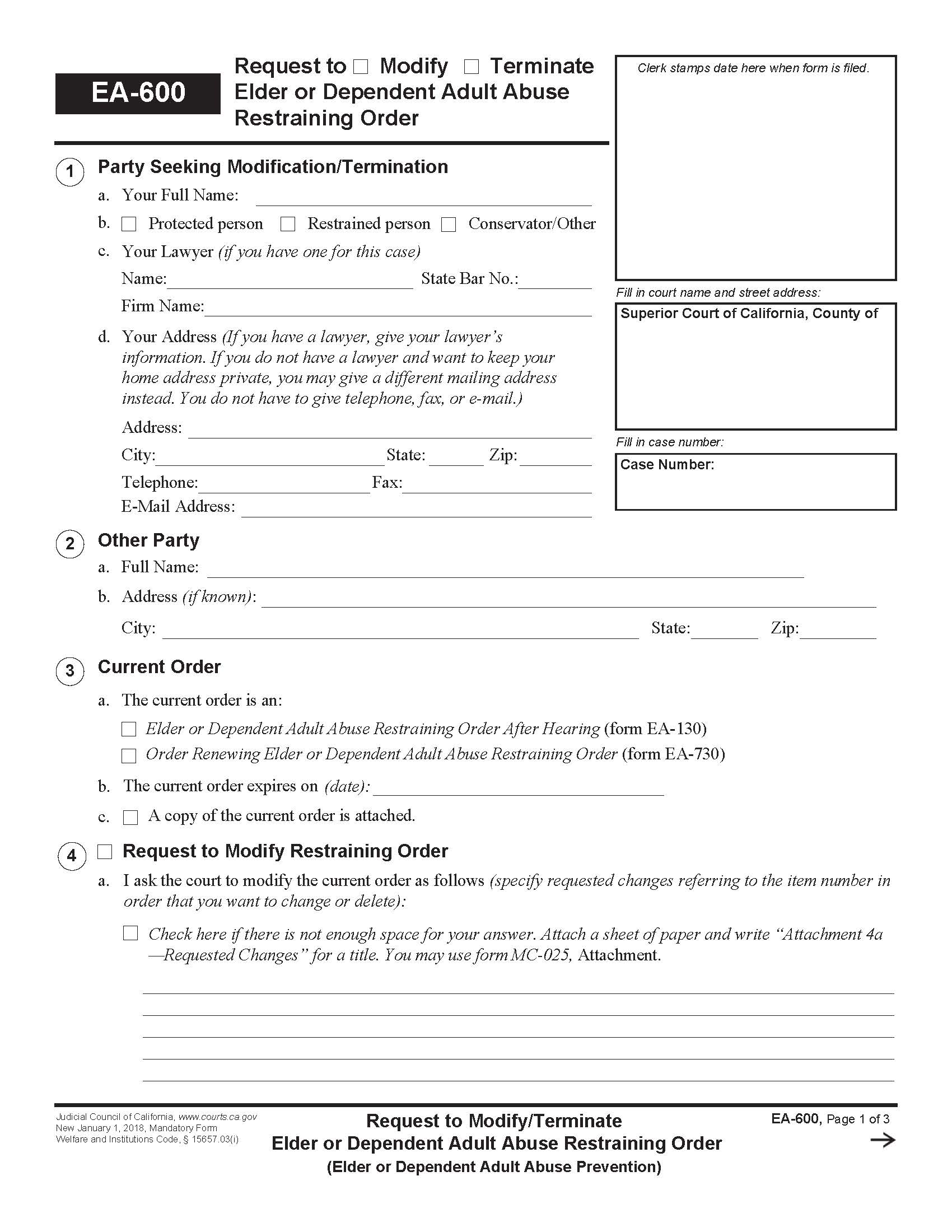 Request To Modify-Terminate Elder Or Dependent Adult Abuse Restraining Order {EA-600} | Pdf Fpdf Docx | California