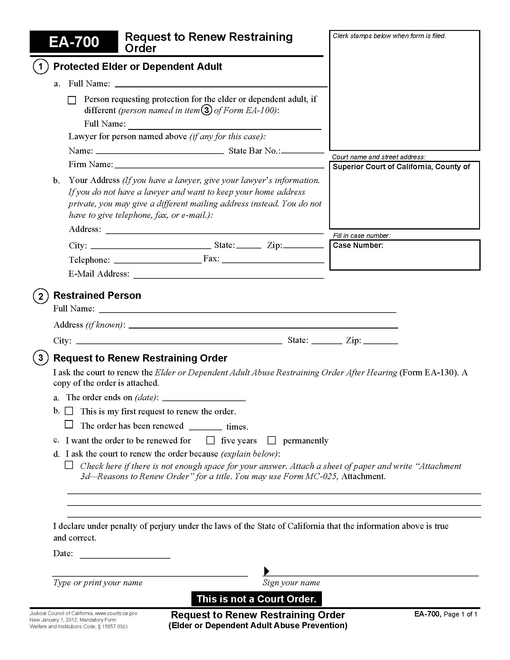 Request To Renew Restraining Order {EA-700} | Pdf Fpdf Doc Docx | California