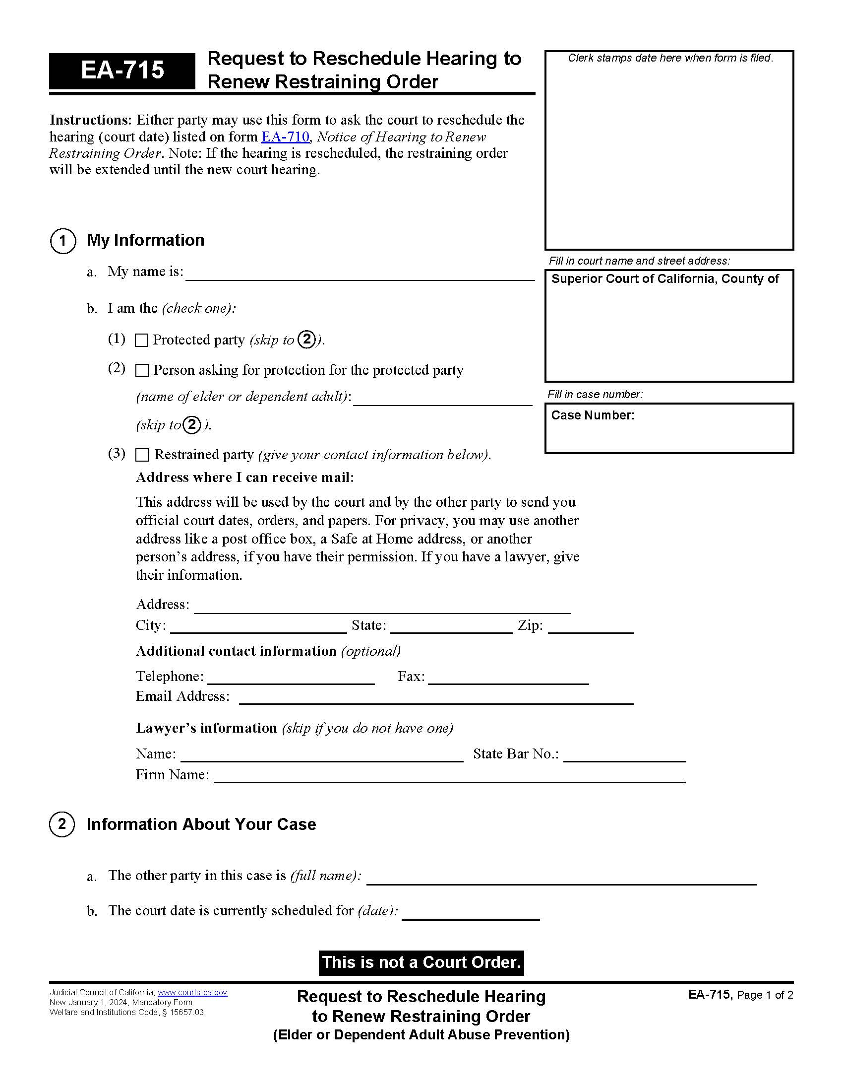 Request To Reschedule Hearing To Renew Restraining Order {EA-715} | Pdf Fpdf Docx | California