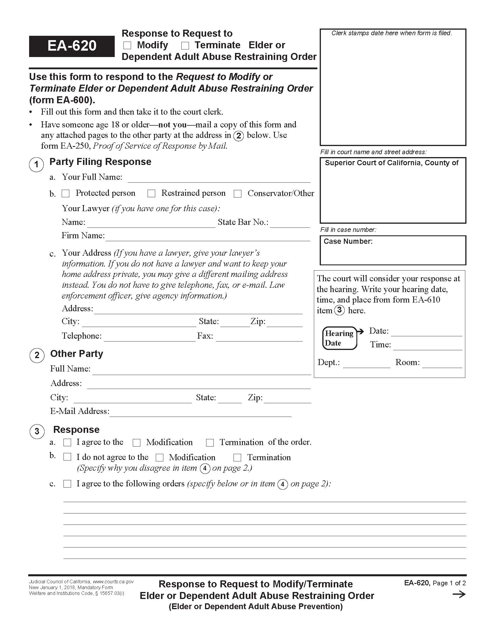 Response To Request To Modify-Terminate Elder Or Dependent Abuse Restraining Order {EA-620} | Pdf Fpdf Docx | California