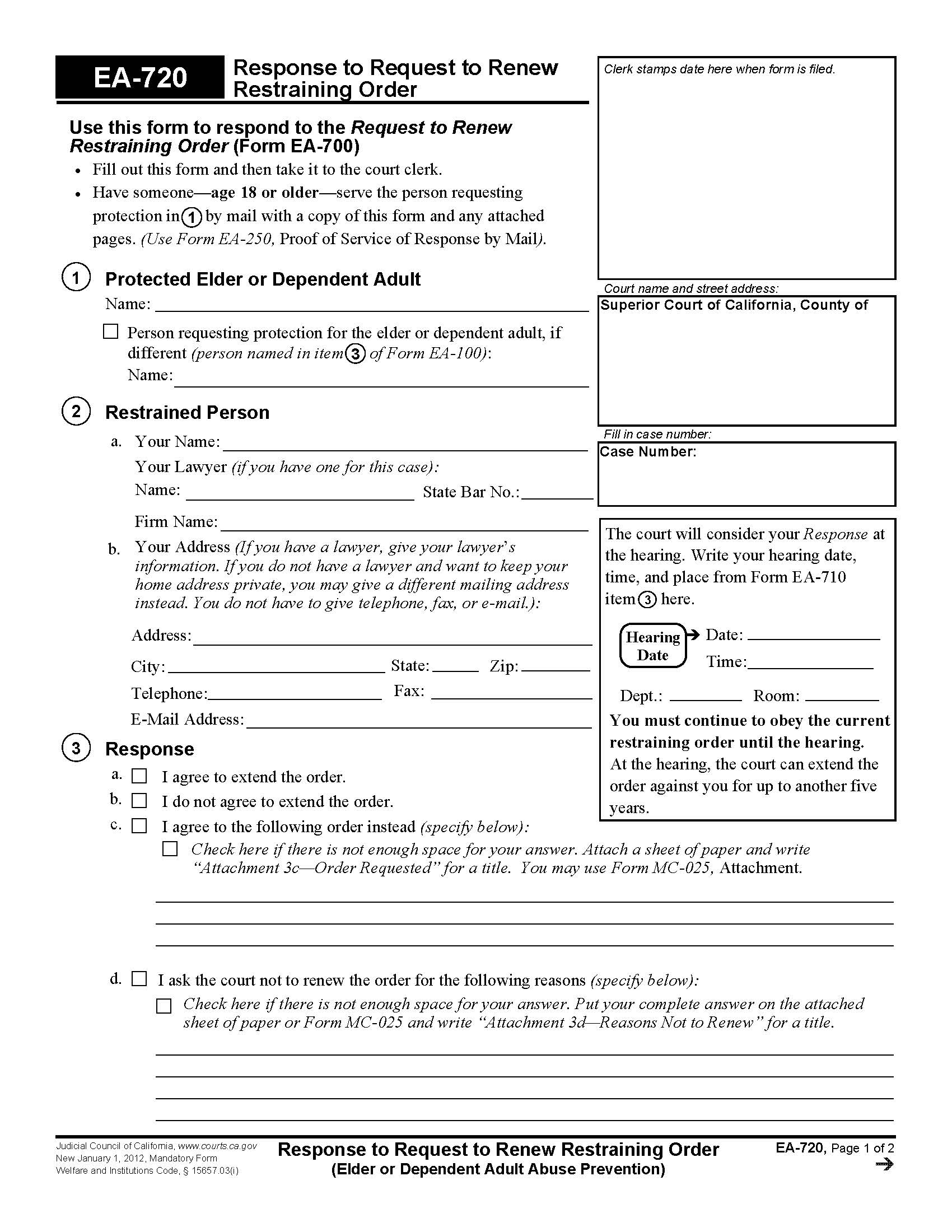 Response To Request To Renew Restraining Order {EA-720} | Pdf Fpdf Doc Docx | California