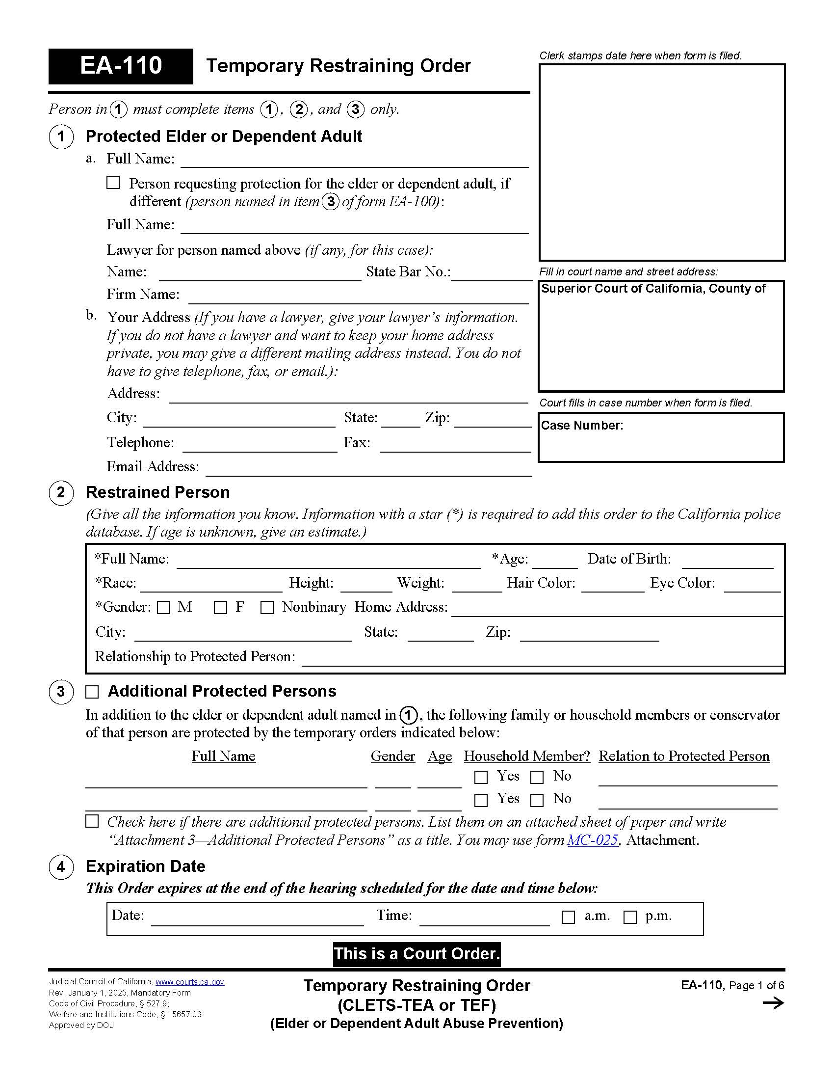 Temporary Restraining Order (CLETS-TEA Or TEF) {EA-110} | Pdf Fpdf Doc Docx | California
