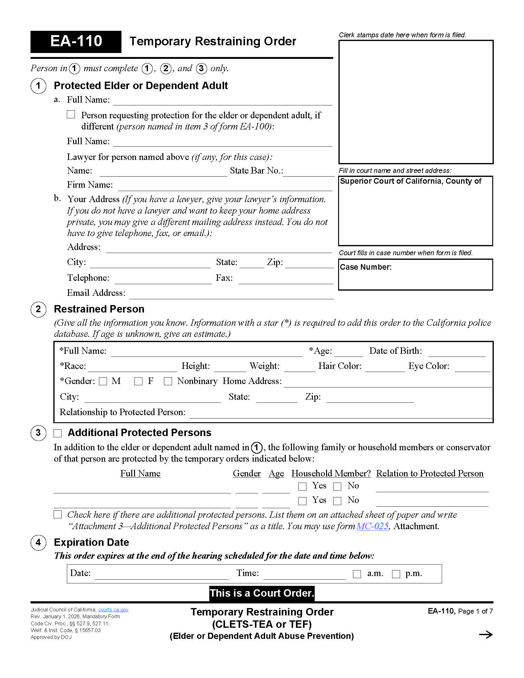 Temporary Restraining Order (CLETS-TEA Or TEF) {EA-110} | Pdf Fpdf Doc Docx | California