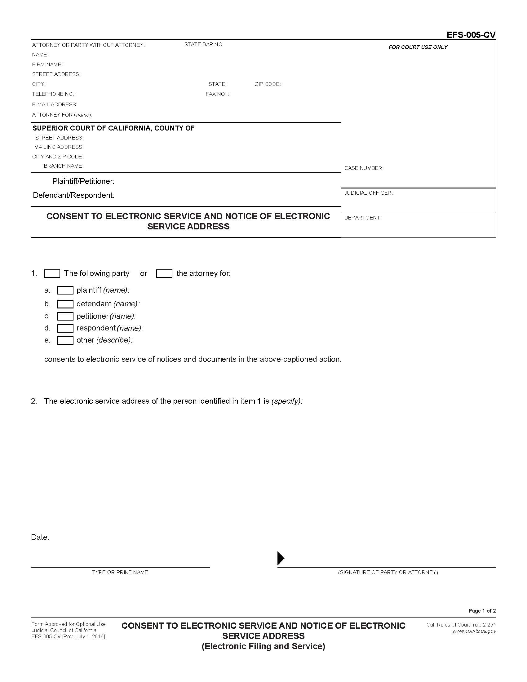 Consent To Electronic Service And Notice Of Electronic Service {EFS-005-CV} | Pdf Fpdf Doc Docx | California