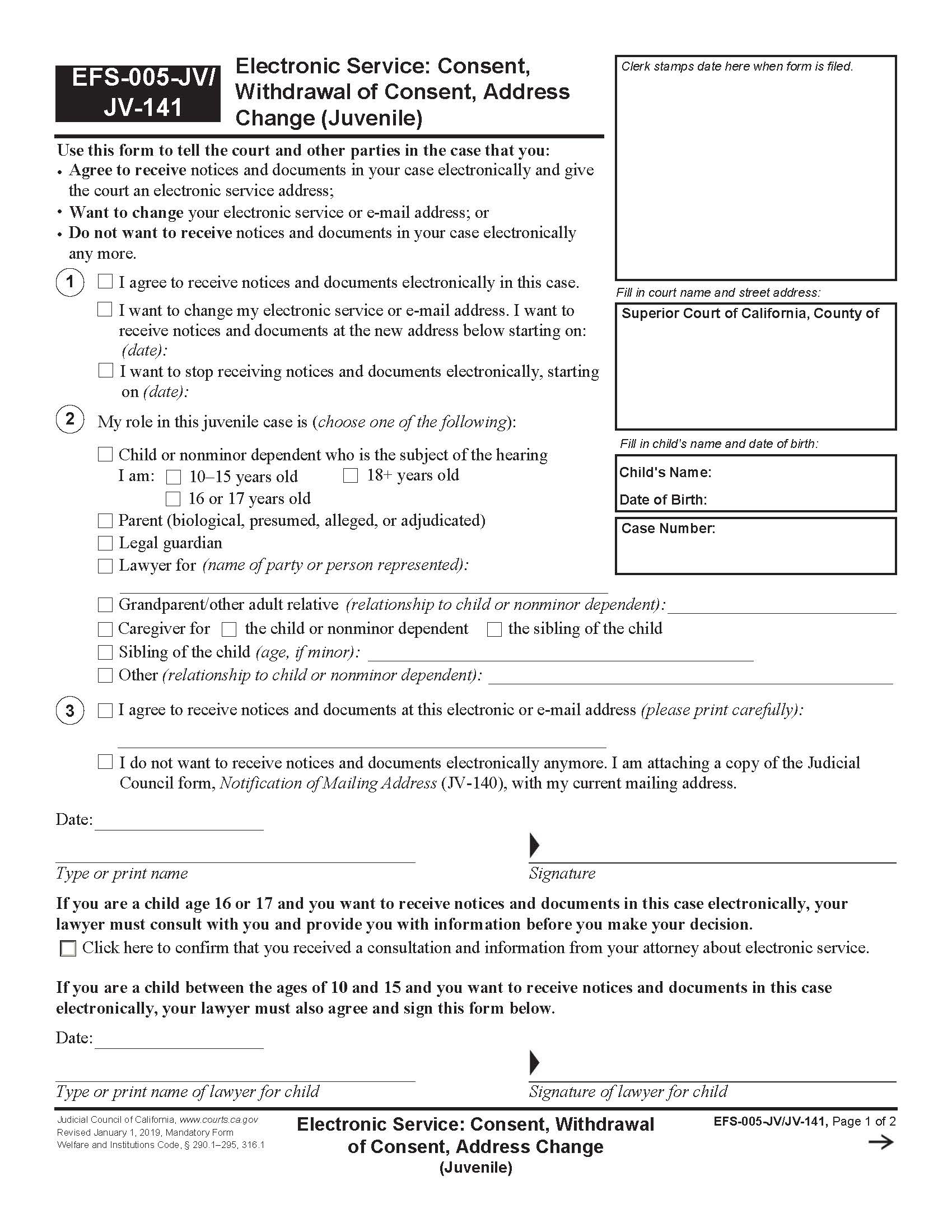 E-Mail Notice Of Hearing Consent Withdrawal Of Consent Address Change {EFS-005-JV JV-141} | Pdf Fpdf Docx | California