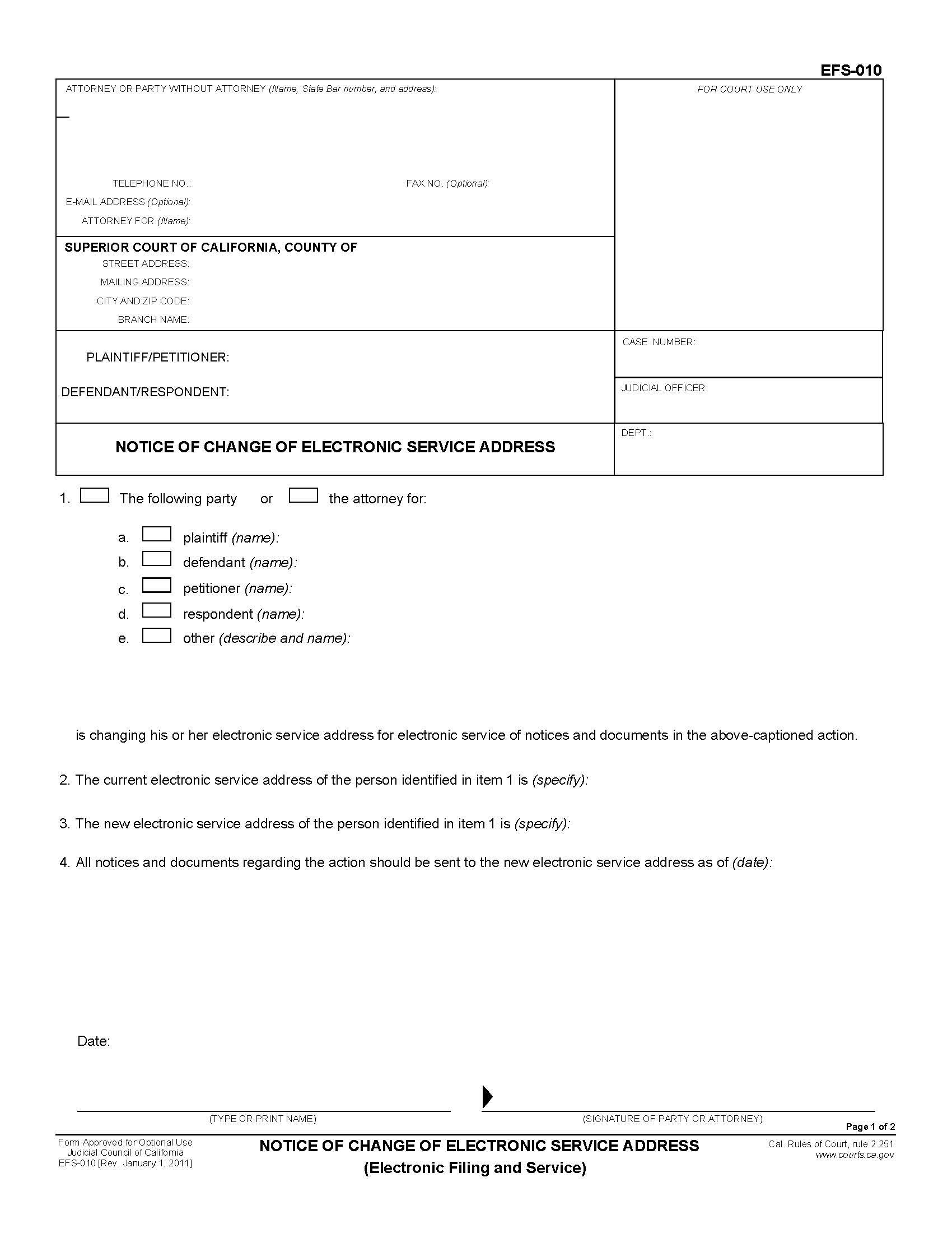 Notice Of Change Of Electronic Service Address (Electronic Notification And Service) {EFS-010} | Pdf Fpdf Docx | California